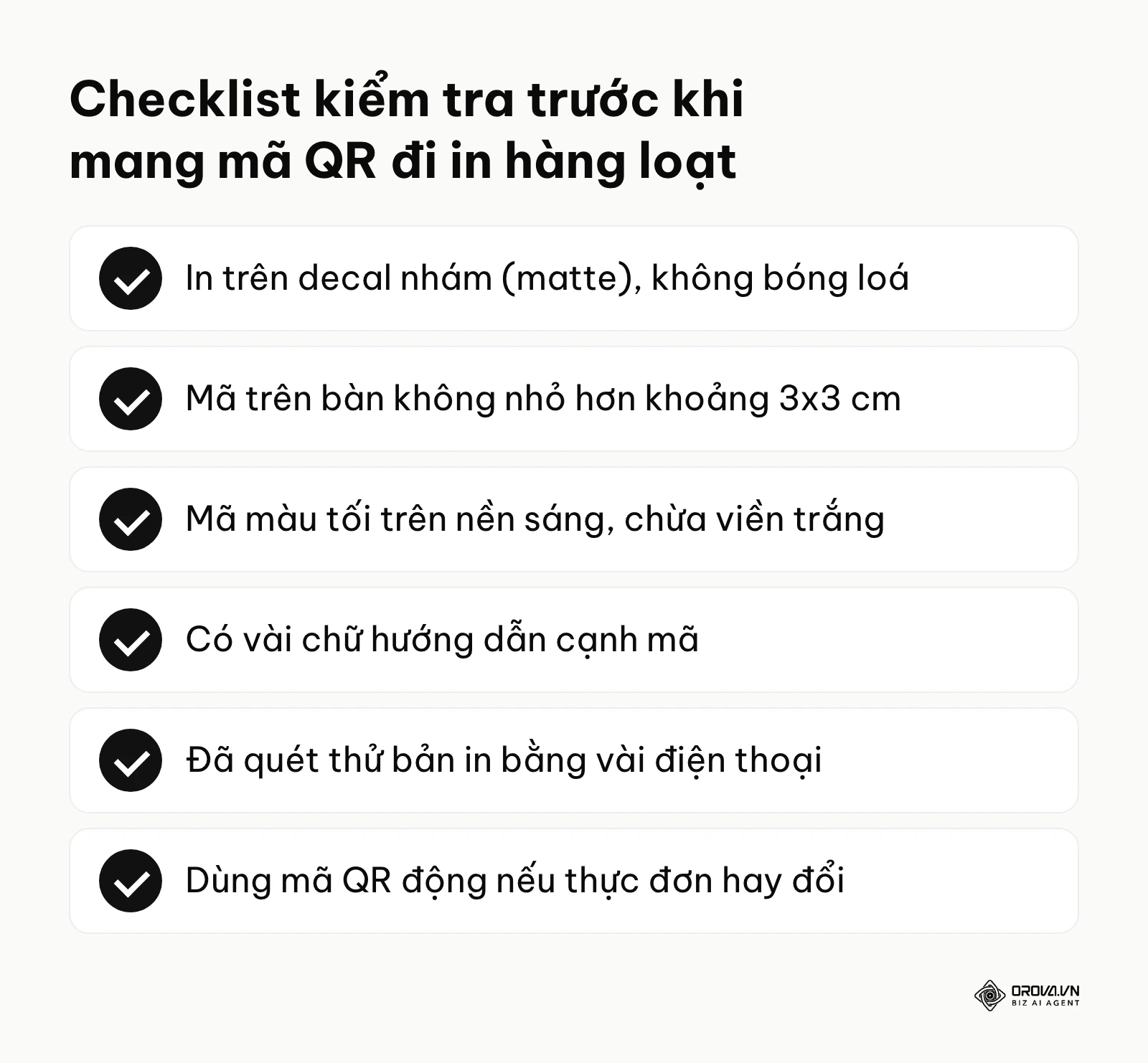 Danh sách tiêu chí cần kiểm tra trước khi in mã QR thực đơn để bàn