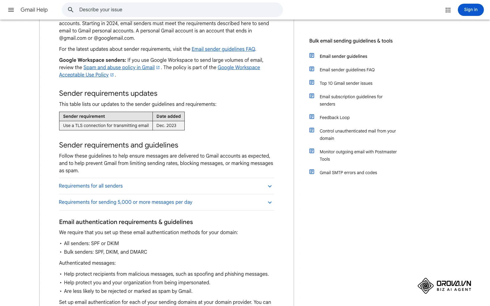 Googleova pravila za pošiljatelje e-pošte (Email sender guidelines): zahtjevi za velike pošiljatelje (5.000 ili više poruka dnevno) i autentifikacija SPF, DKIM i DMARC.