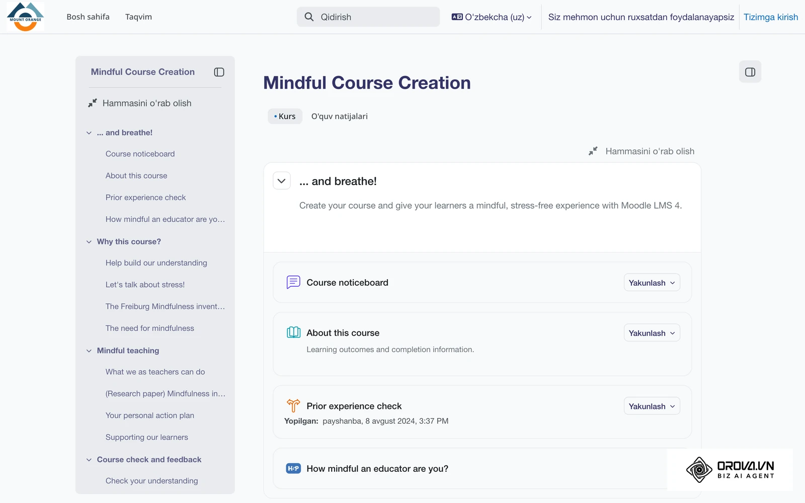Moodle rasmiy demo saytidagi (Mount Orange School) namunaviy kurs sahifasi: darslar, faoliyatlar va progress bitta LMSda