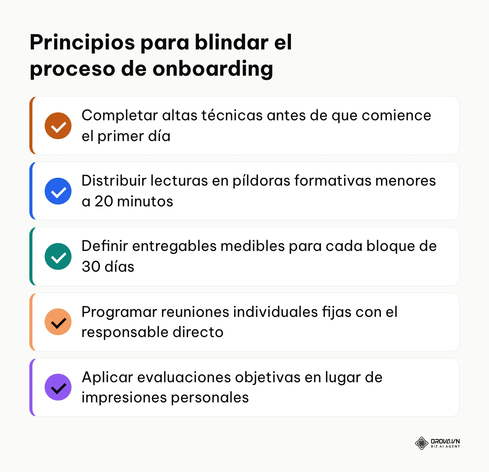 Lista de verificación de directrices clave para mantener un proceso de incorporación eficiente.