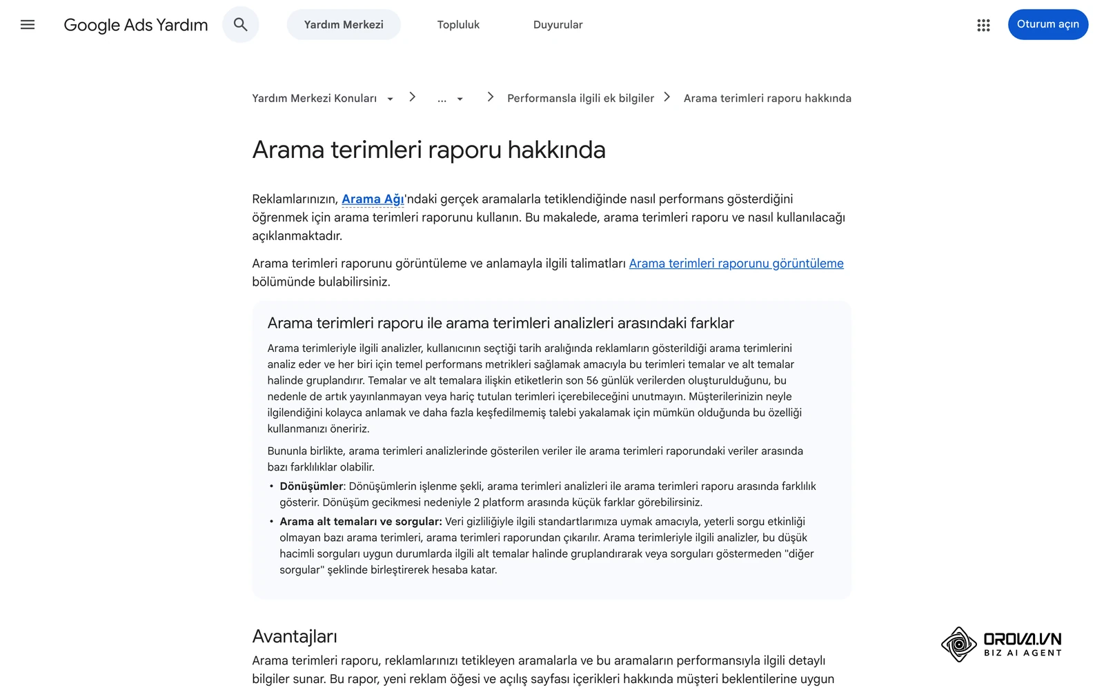 Google Ads Yardım Merkezi'nin Türkçe "Arama terimleri raporu hakkında" sayfası.