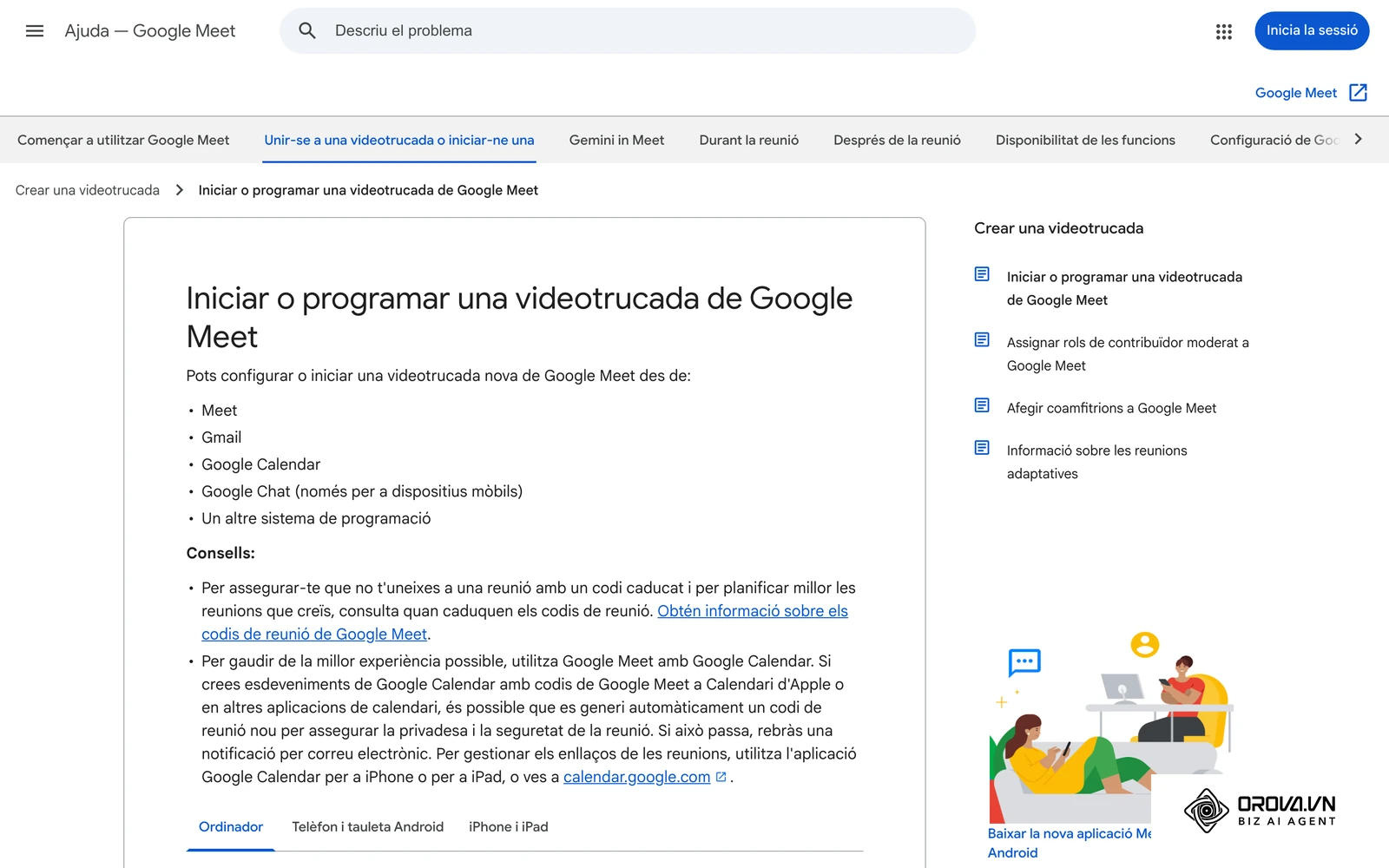 Ajuda oficial de Google Meet en català: maneres d'iniciar o programar una videotrucada (Meet, Gmail, Google Calendar).
