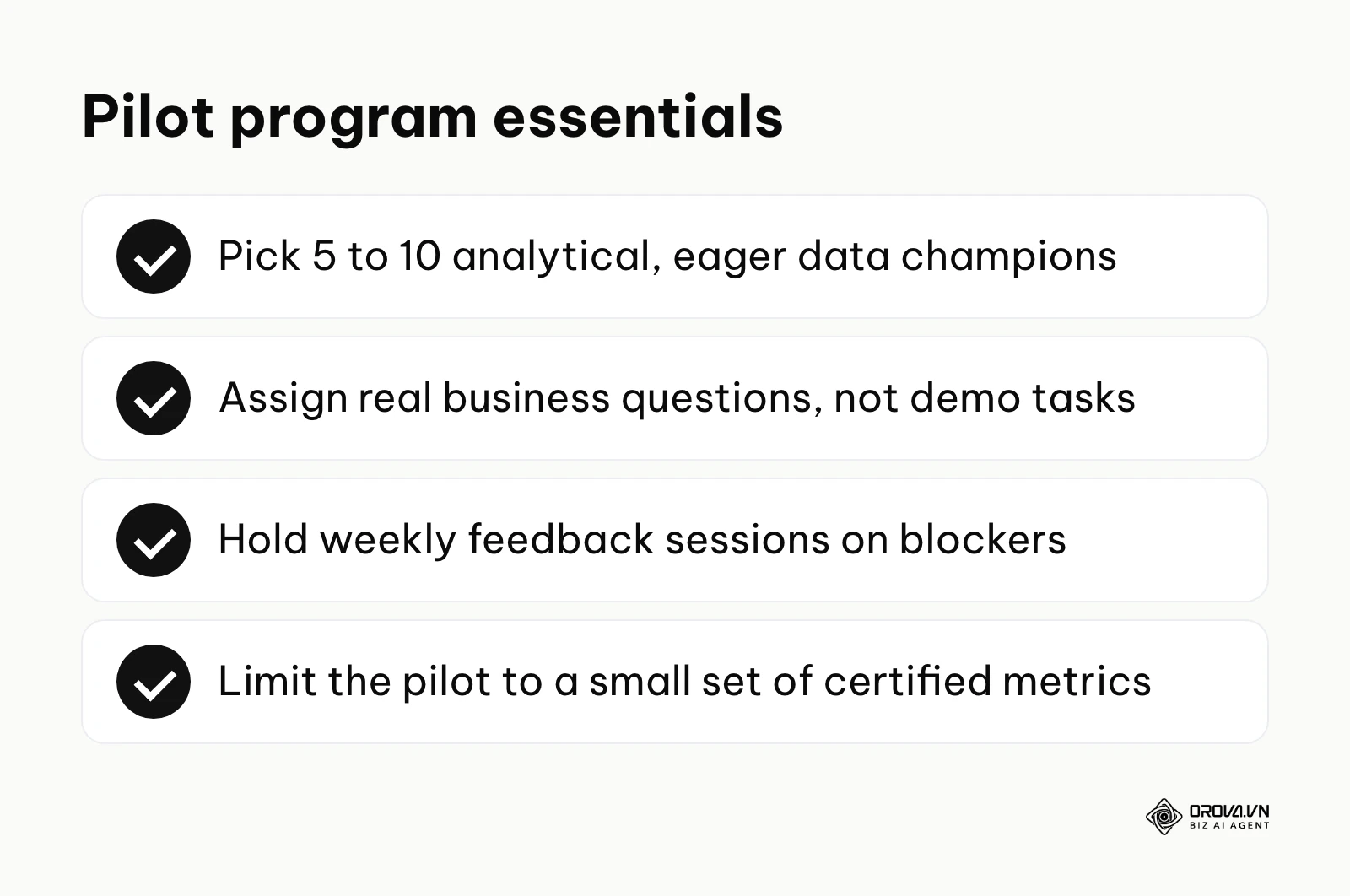 Checklist of essentials for a self service BI pilot program with data champions