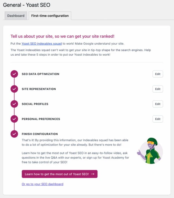 ផ្ទាំង First-time configuration ក្នុង Yoast SEO > General៖ SEO data optimization, Site representation, Social profiles, Personal preferences និង Finish configuration (រូបភាពផ្លូវការពី yoast.com)