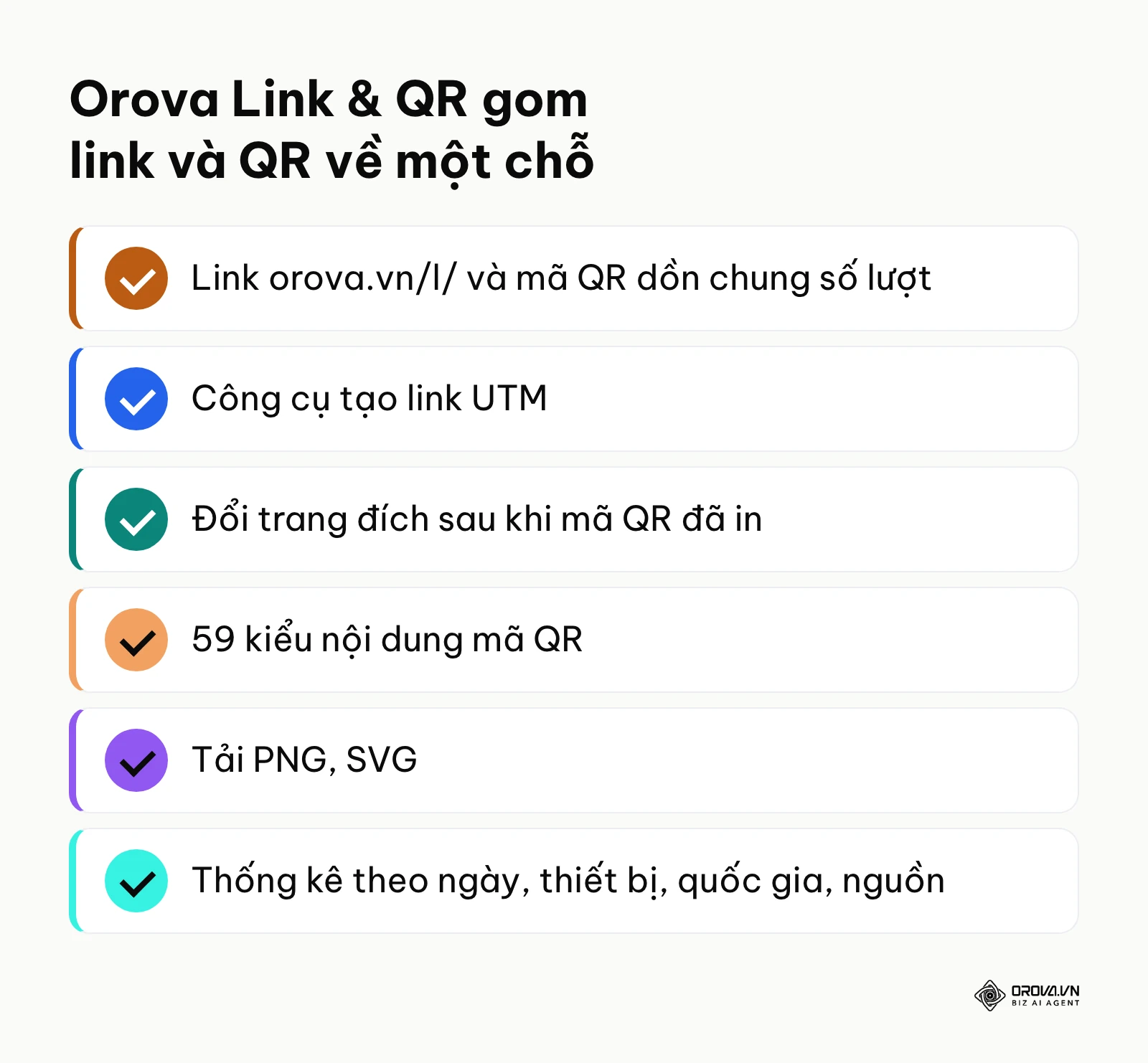 Tóm tắt các tính năng chính của Orova Link & QR khi thu gọn link và tạo mã QR.