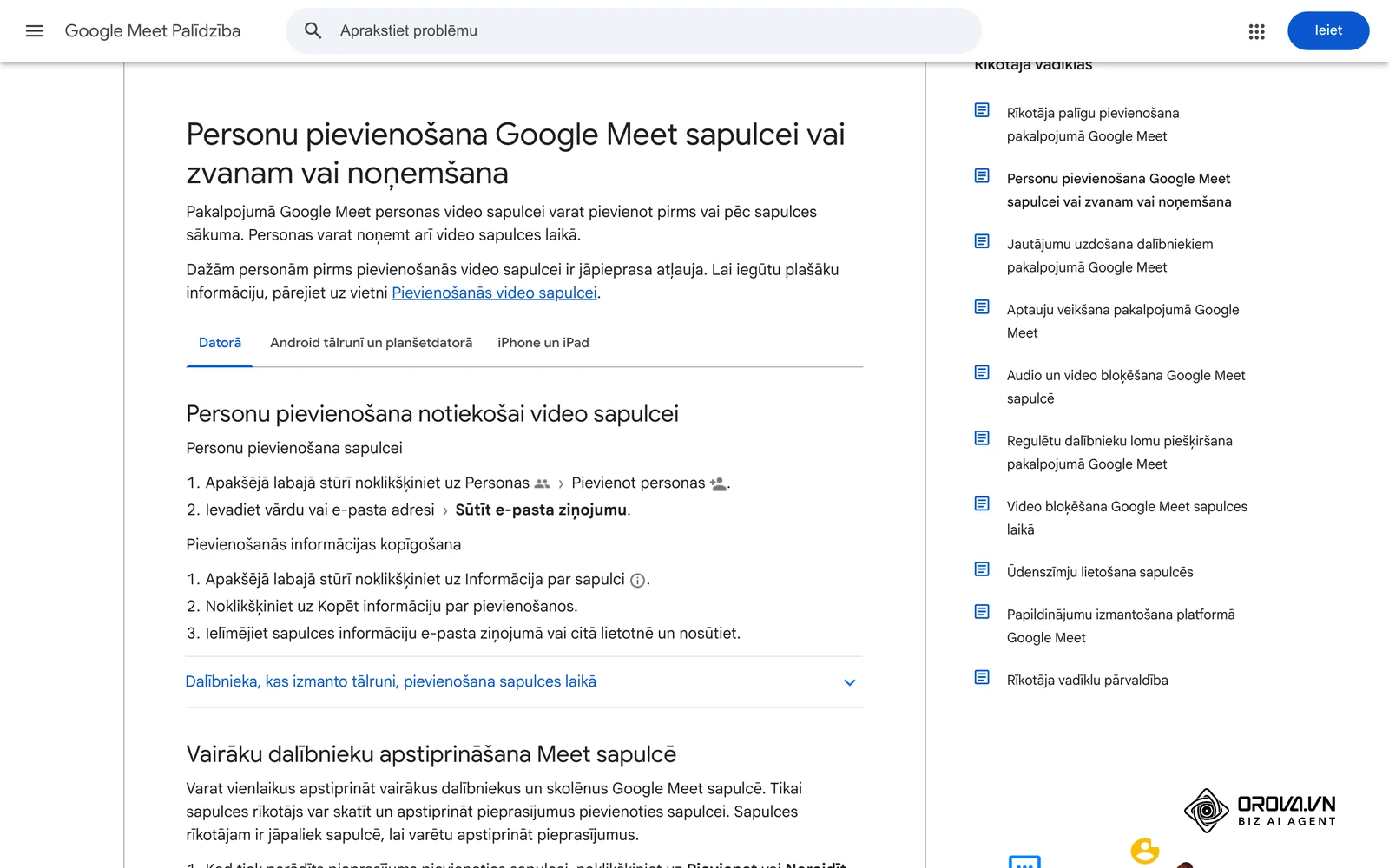 Google Meet palīdzības lapa latviešu valodā: personu pievienošana sapulcei vai noņemšana no tās.