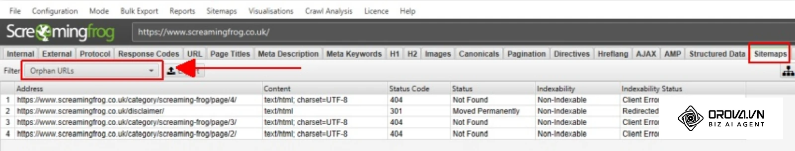 Onglet Sitemaps de Screaming Frog SEO Spider filtré sur Orphan URLs avec la liste des URL orphelines, leur code de statut et leur indexabilité
