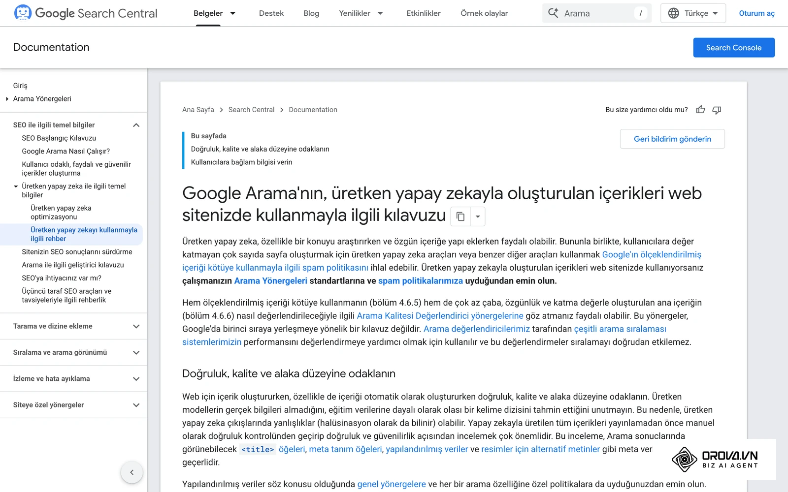 Google Arama Merkezi'nin üretken yapay zekâ içeriği hakkındaki belgesi.