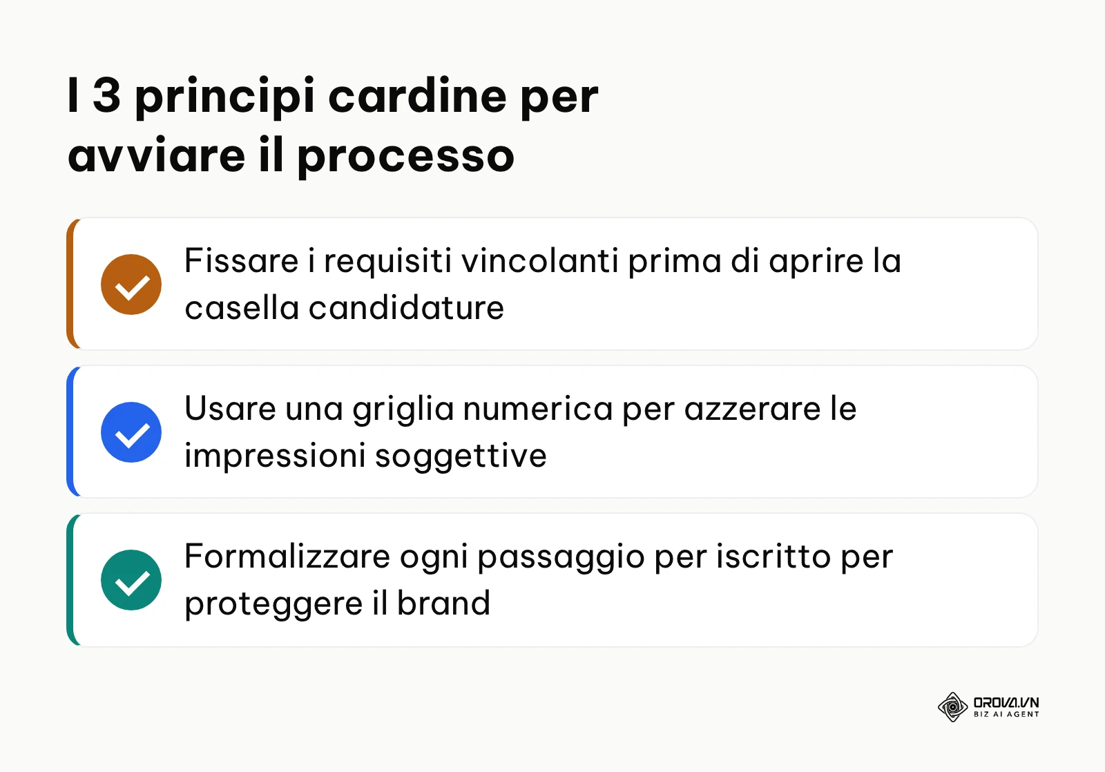 Checklist sintetica con i 3 principi operativi per avviare la selezione del personale