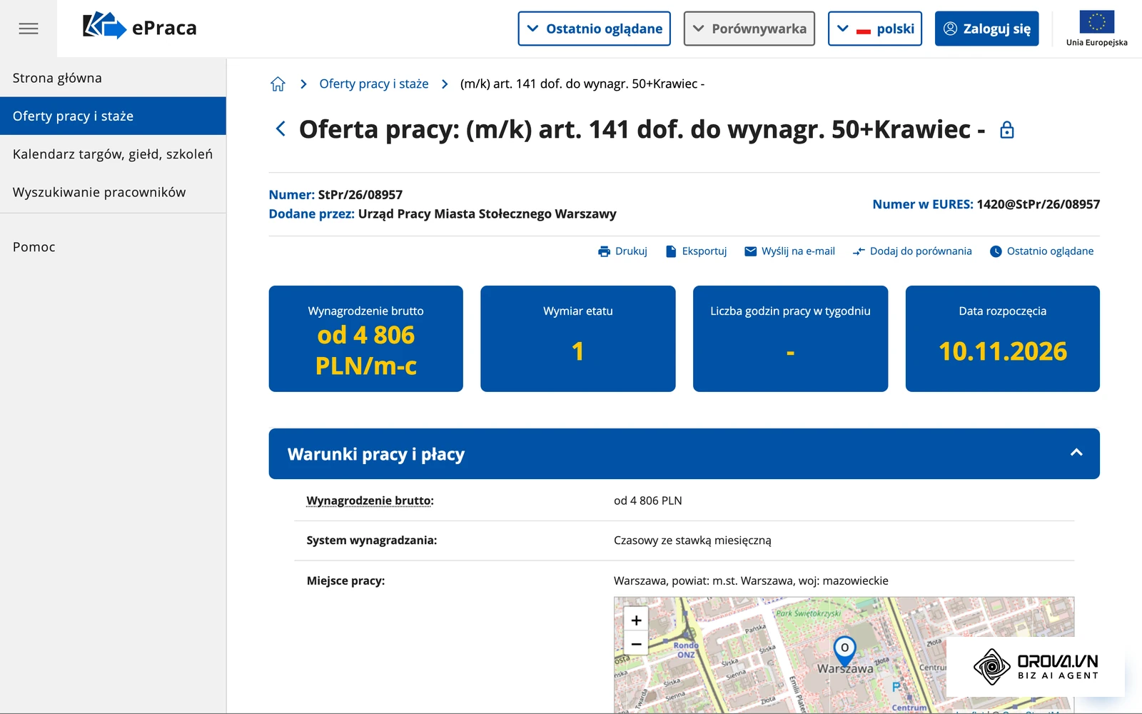 Prawdziwe ogłoszenie w Centralnej Bazie Ofert Pracy (oferty.praca.gov.pl), serwisie publicznych urzędów pracy: tytuł z oznaczeniem (m/k), wynagrodzenie brutto, wymiar etatu i data rozpoczęcia widoczne od razu na górze oferty.