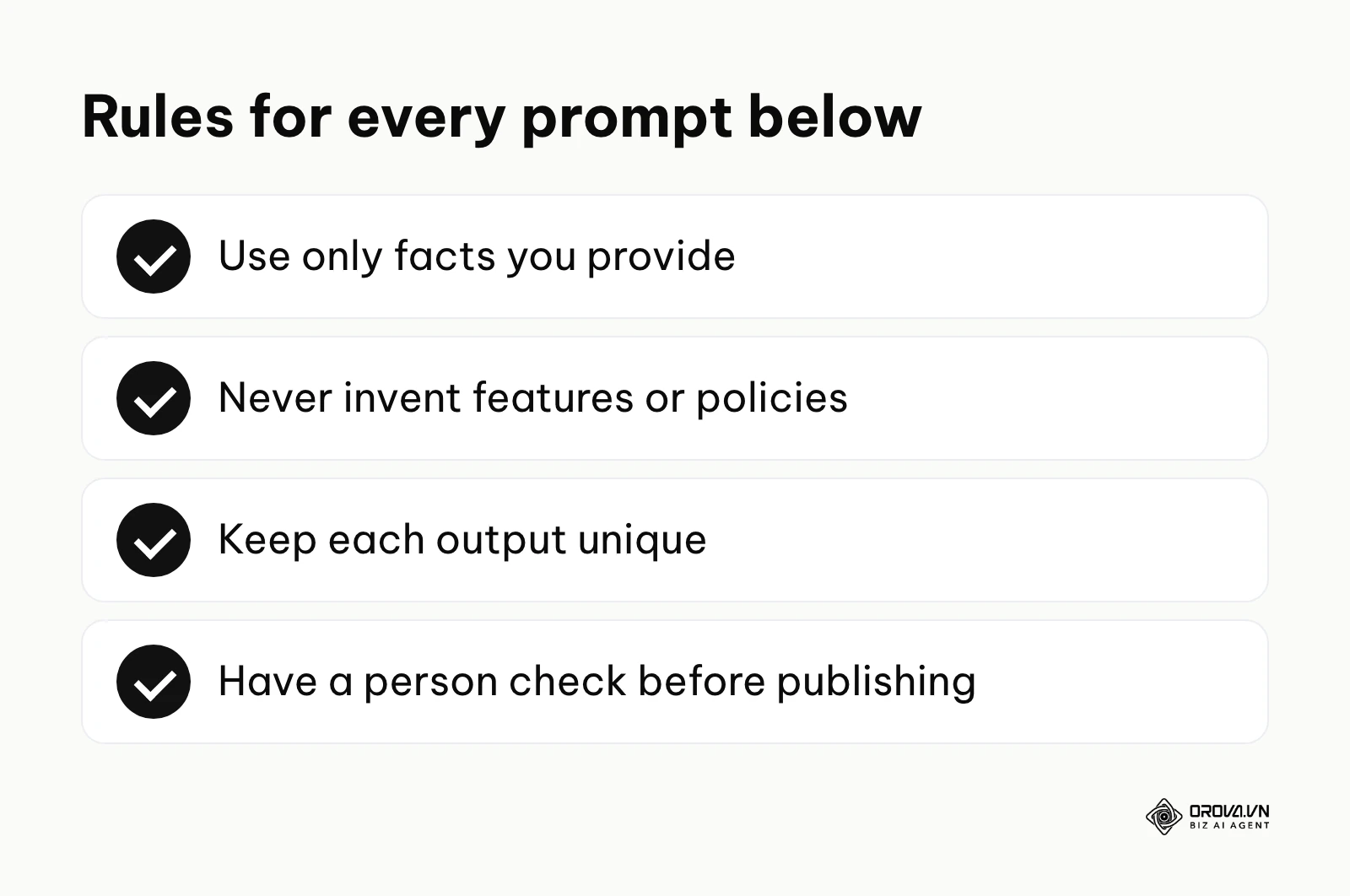 Checklist of rules for using AI prompt templates for product content.