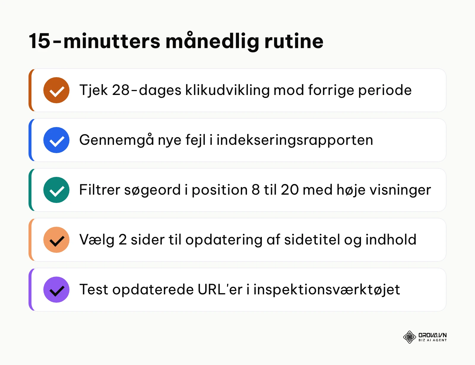 Tjekliste med fem faste opgaver til månedlig gennemgang af Google Search Console