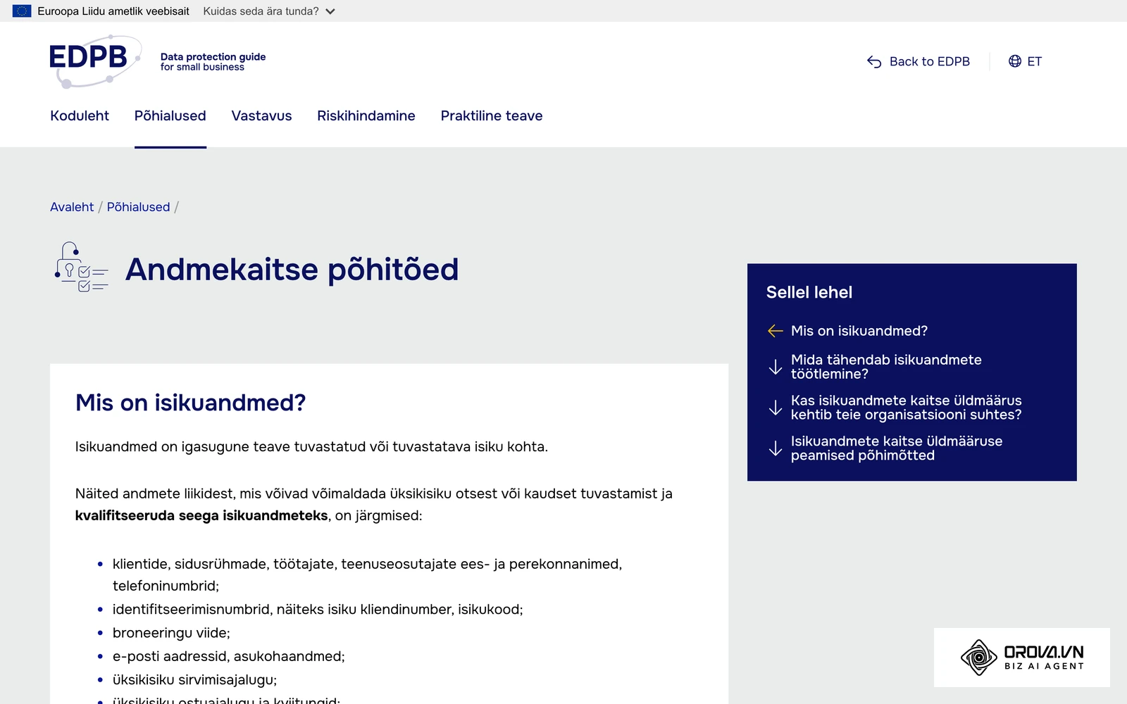 Euroopa Andmekaitsenõukogu (EDPB) VKE andmekaitsejuhendi eestikeelne leht „Andmekaitse põhitõed“: mida tuleb teada enne B2B kontaktide kogumist.