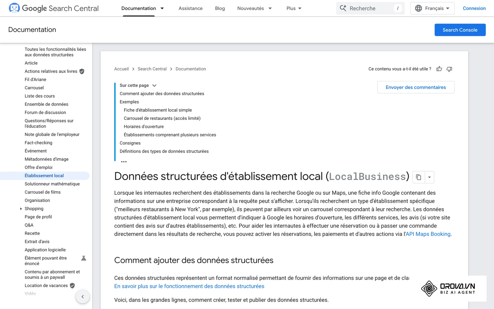 Documentation Google Search Central sur les données structurées des établissements locaux.