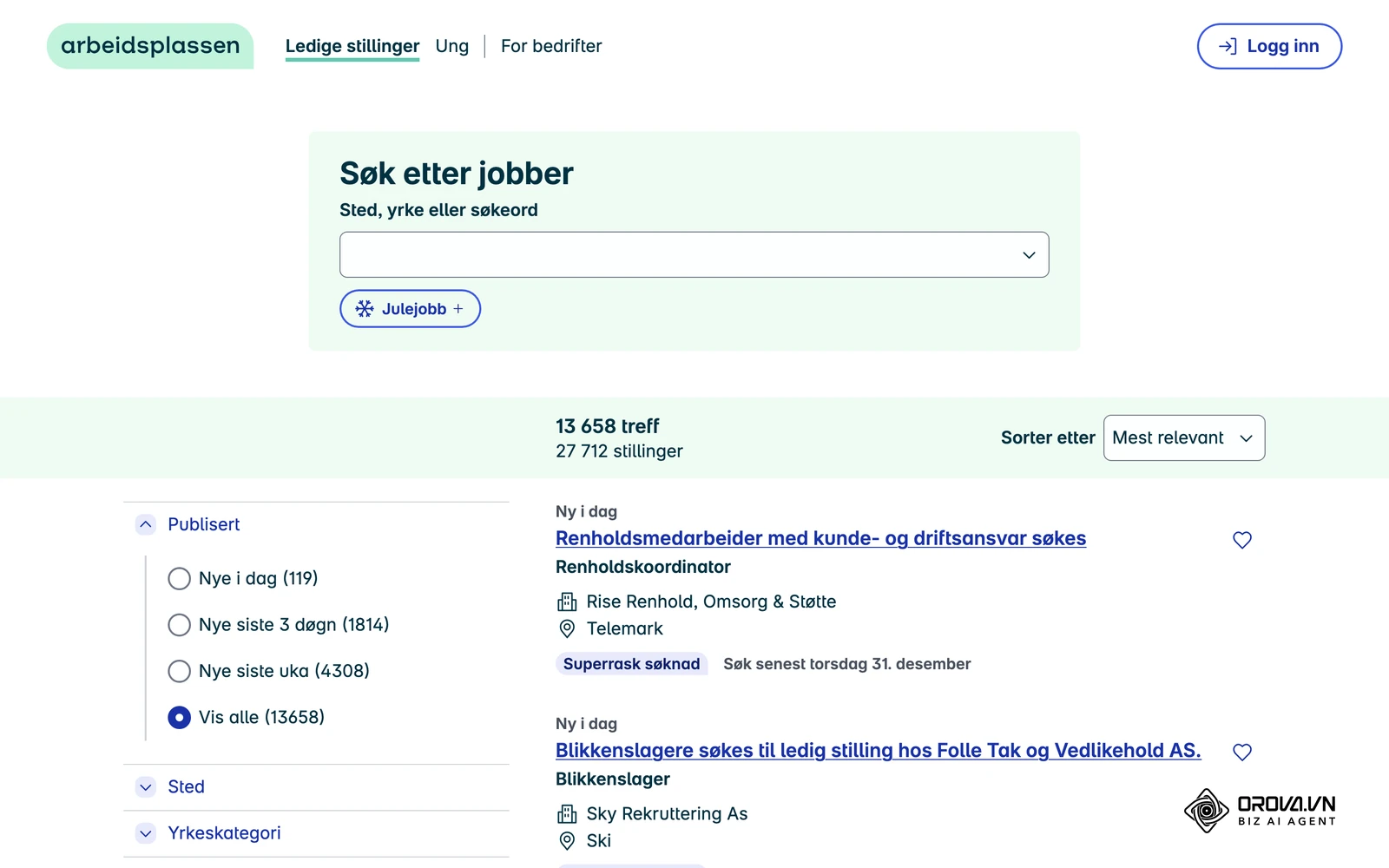 Offentlig stillingssøk på Arbeidsplassen hos Nav: hver annonse vises med stillingstittel, arbeidsgiver, sted og frist før leseren klikker videre.