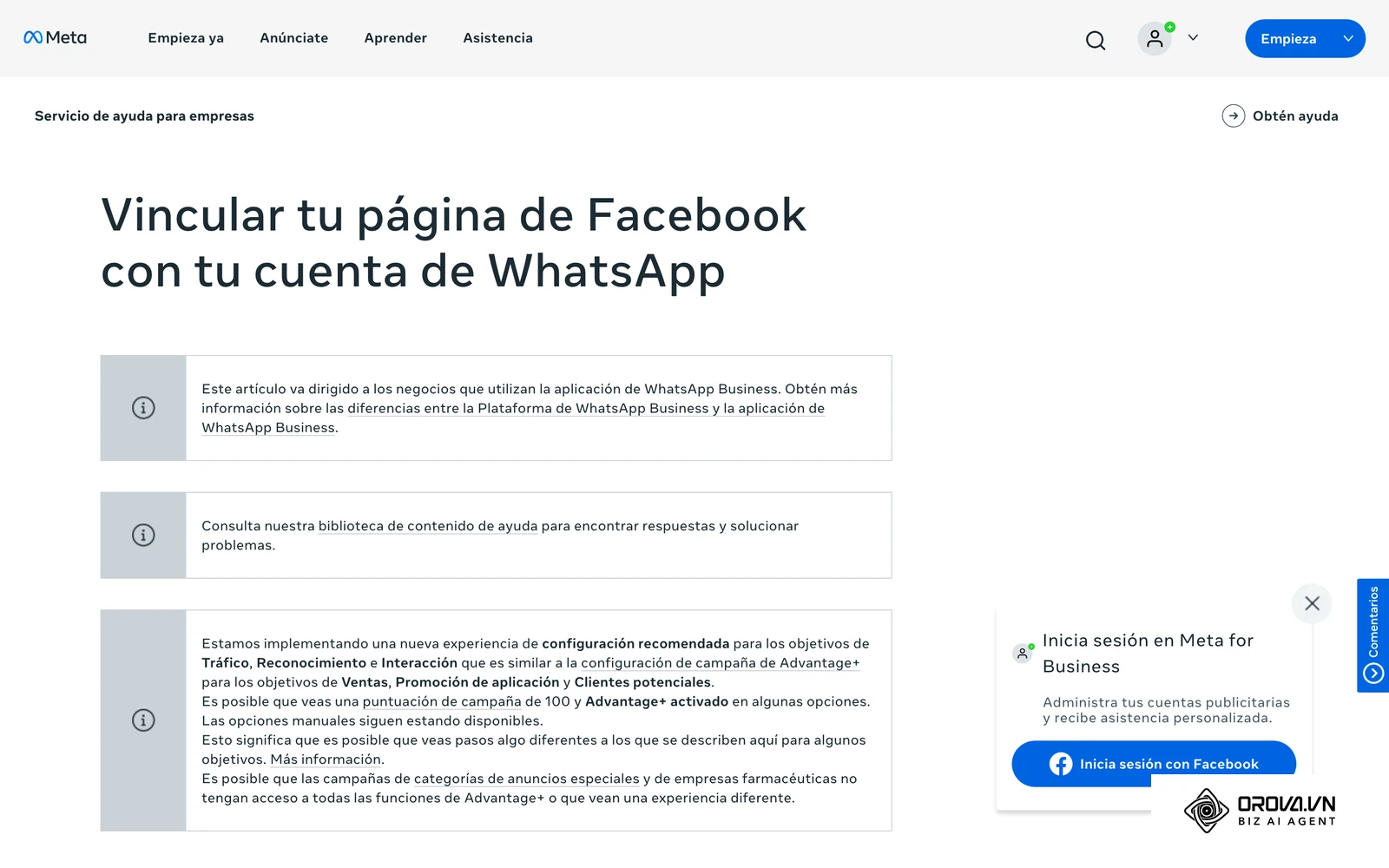 Centro de ayuda oficial de Meta Business con el procedimiento para vincular un número de WhatsApp Business a la página de Facebook.