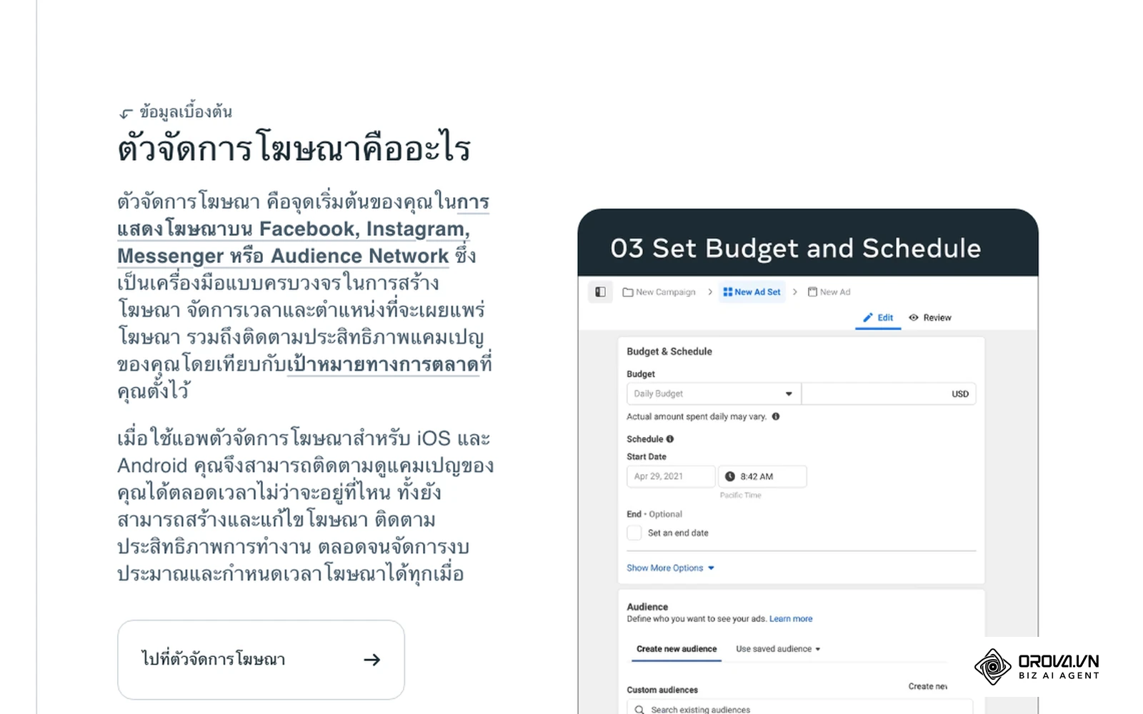 ตัวอย่างหน้าจอ Meta Ads Manager ขั้นตั้งงบประมาณและกำหนดเวลาในระดับชุดโฆษณา (Ad Set) จากหน้าแนะนำตัวจัดการโฆษณาของ Meta