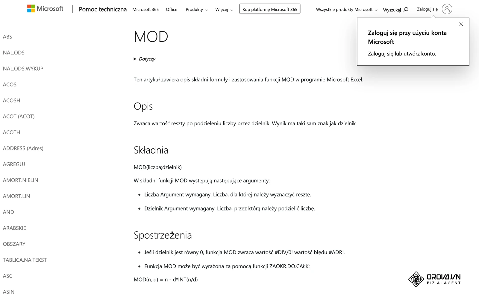 Opis funkcji MOD w pomocy technicznej Microsoft — w karcie ewidencji pozwala policzyć godziny także dla zmiany kończącej się po północy