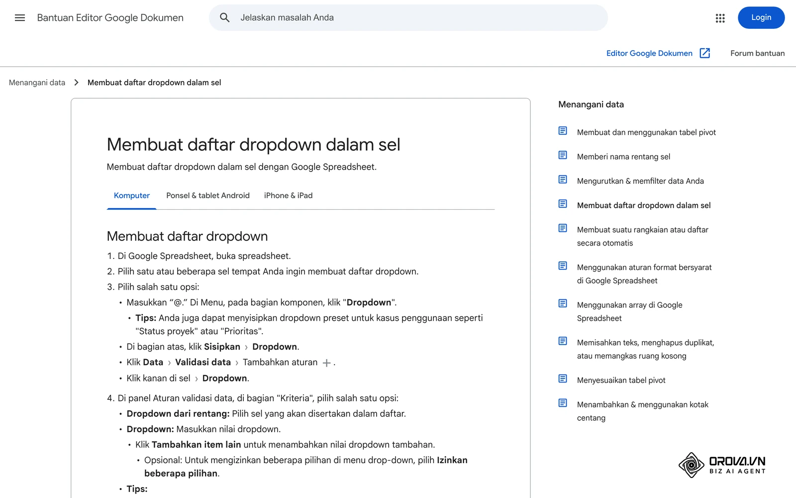 Halaman bantuan resmi Google Spreadsheet tentang daftar dropdown dalam sel, dipakai untuk membatasi isian nilai rubrik 1 sampai 5.