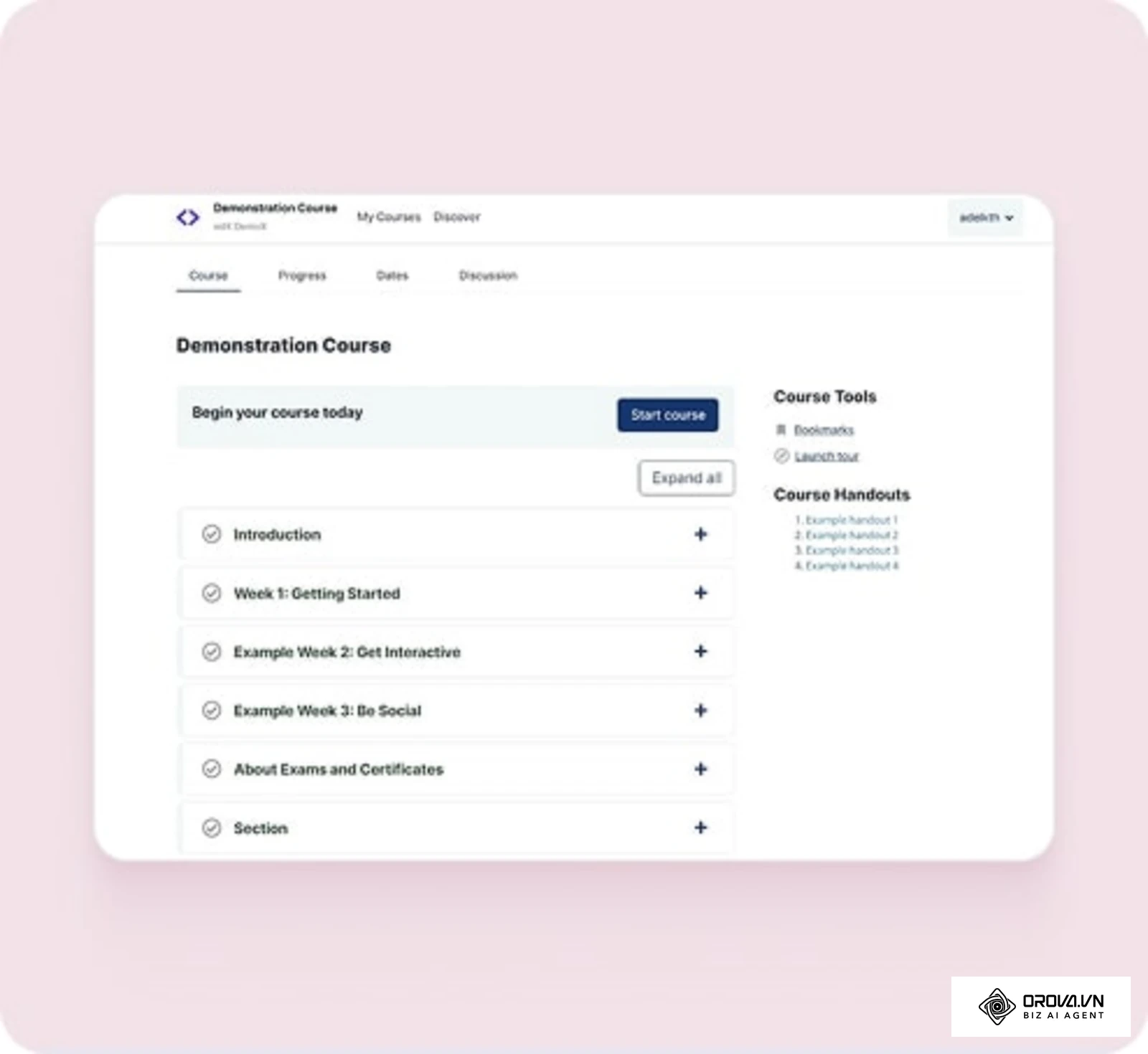 Contoh halaman kursus pelajar dalam platform sumber terbuka Open edX: senarai bahagian kursus, butang mula kursus dan alat kursus (gambar dari openedx.org).