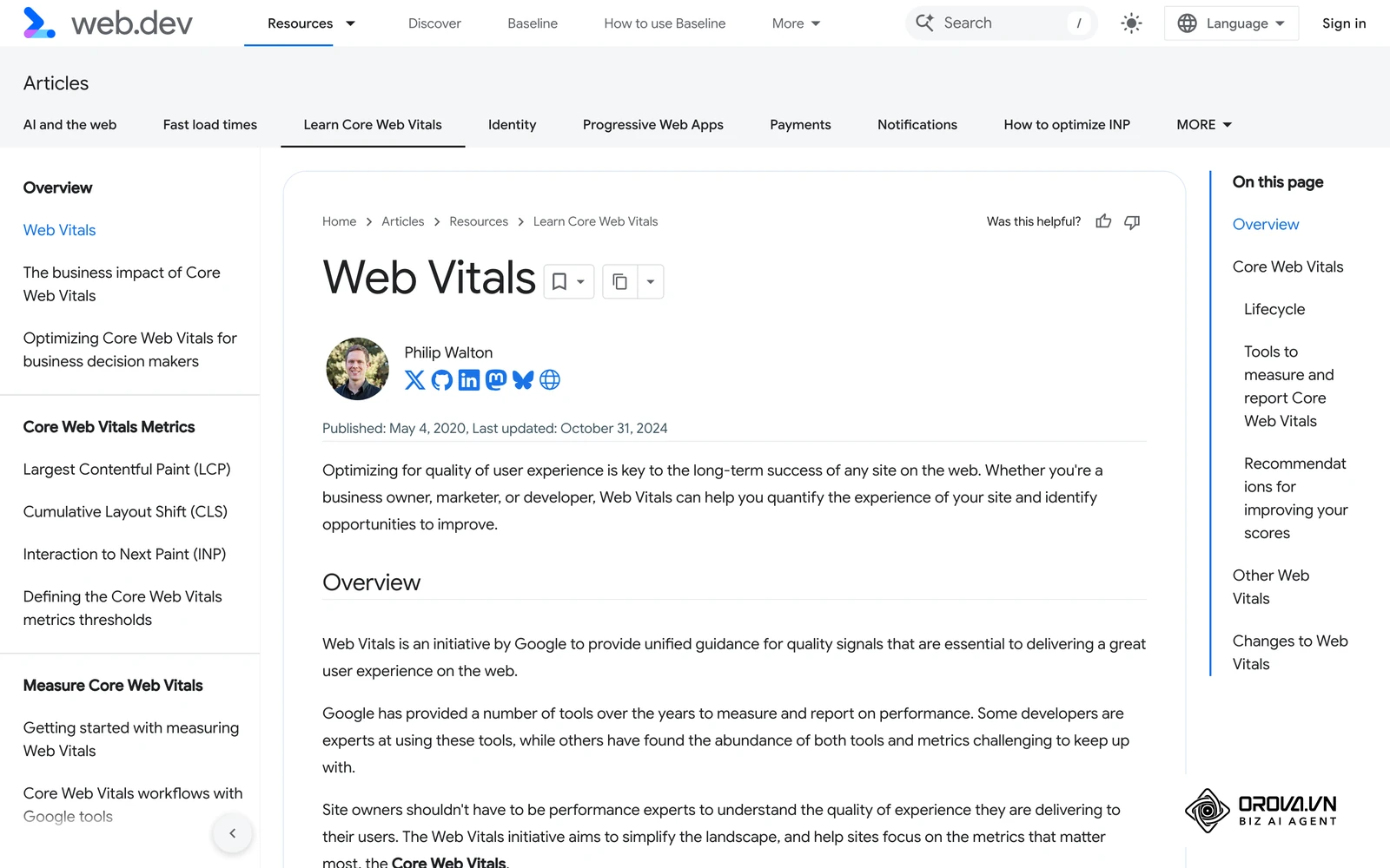 Google's web.dev guide to the Core Web Vitals metrics: LCP, INP and CLS.