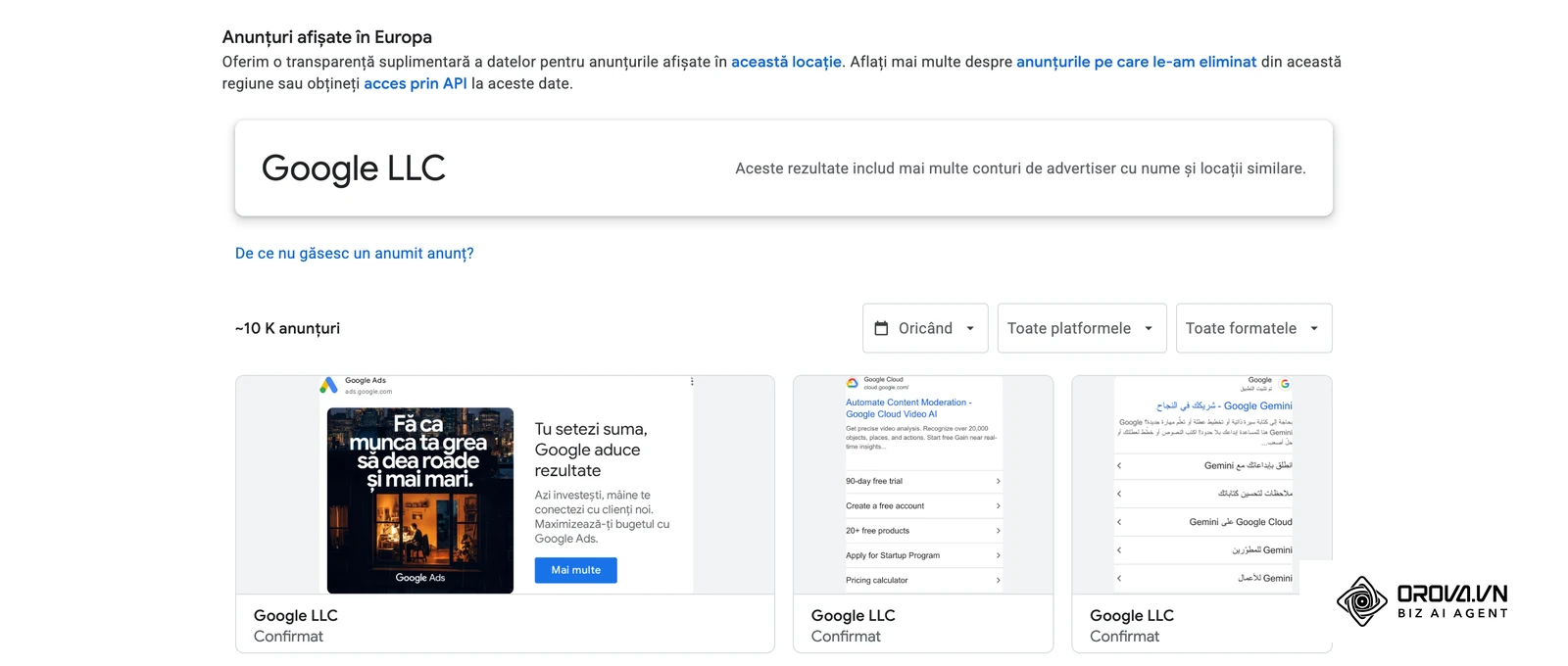 Centrul de transparență publicitară Google, regiunea România: anunțuri reale ale advertiserului verificat Google LLC, inclusiv un anunț Google Ads în limba română.