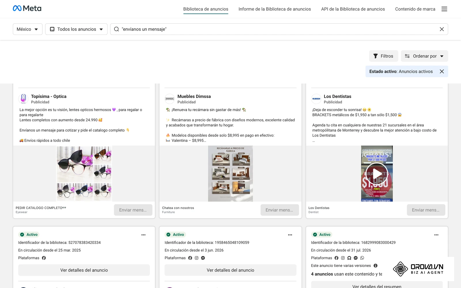Biblioteca de anuncios de Meta: anuncios activos en México de una óptica, una mueblería y una clínica dental, todos con el botón Enviar mensaje que abre el chat en Messenger.