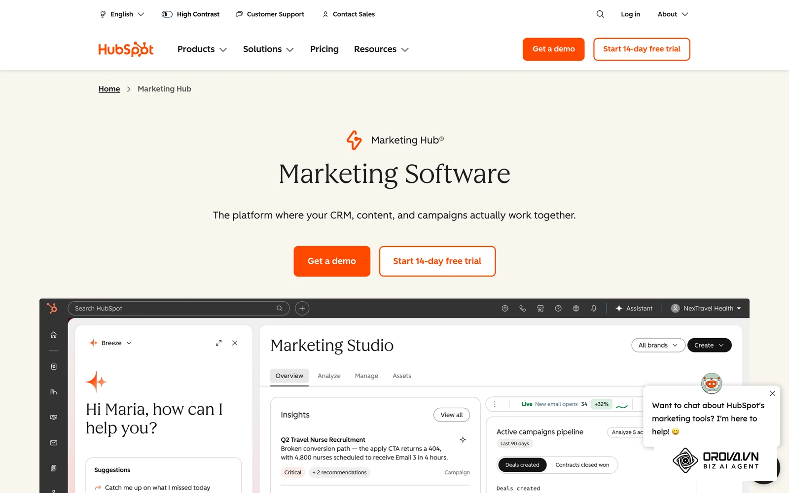 Page officielle de HubSpot Marketing Hub, exemple de suite intégrée marketing et CRM.