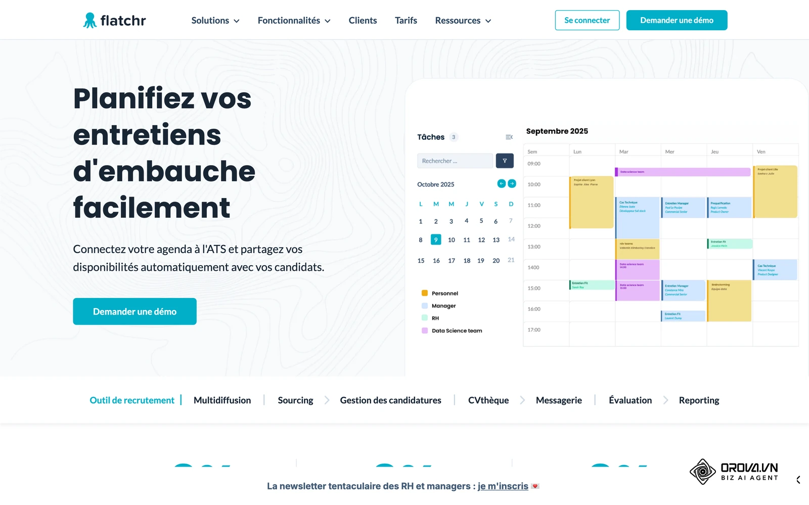 Page de planification d'entretiens de l'ATS Flatchr : agenda partagé entre recruteurs et managers.