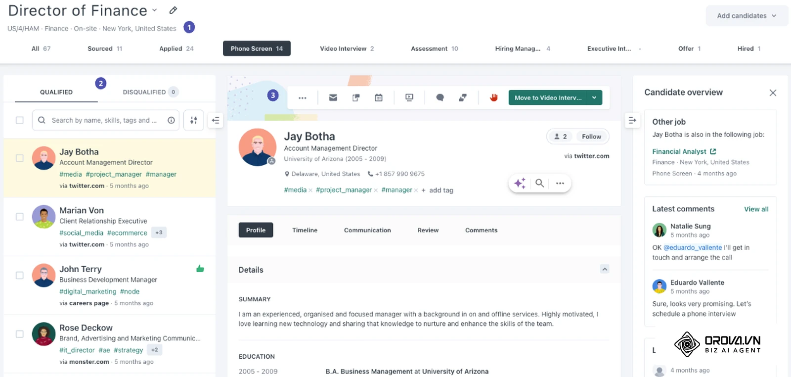 Pipeline view of one job in Workable (screenshot from the Workable help article "Candidate profile in pipeline view overview"): stage tabs with candidate counts, the candidate list, the open profile and the team's latest comments.