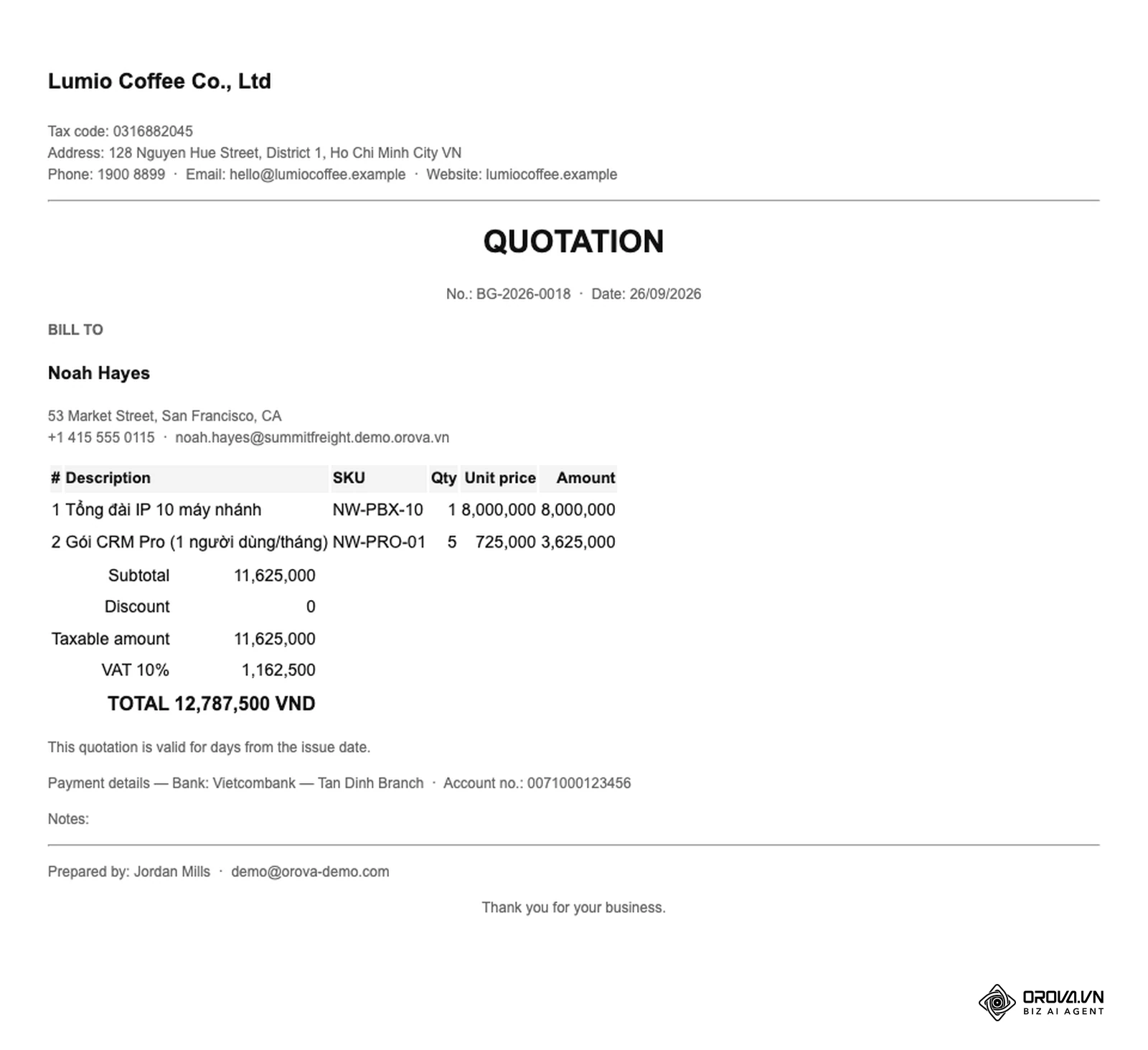 Orova CRMでテンプレートを使って表示した見積書（QUOTATION）。売手の情報、請求先（BILL TO）、明細、Subtotal、VAT、TOTAL、支払情報が1枚にまとまっている