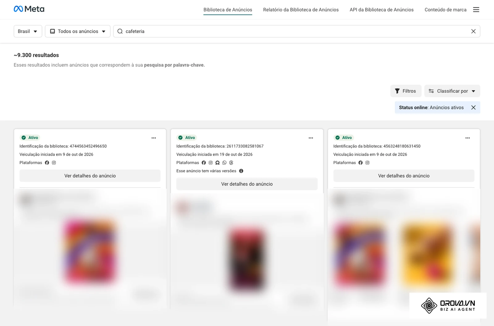 Resultados da palavra-chave cafeteria para o Brasil na Biblioteca de Anúncios da Meta: contagem de resultados, botões Filtros e Classificar por, e cartões com Ativo, Identificação da biblioteca, data de início, Plataformas e Ver detalhes do anúncio