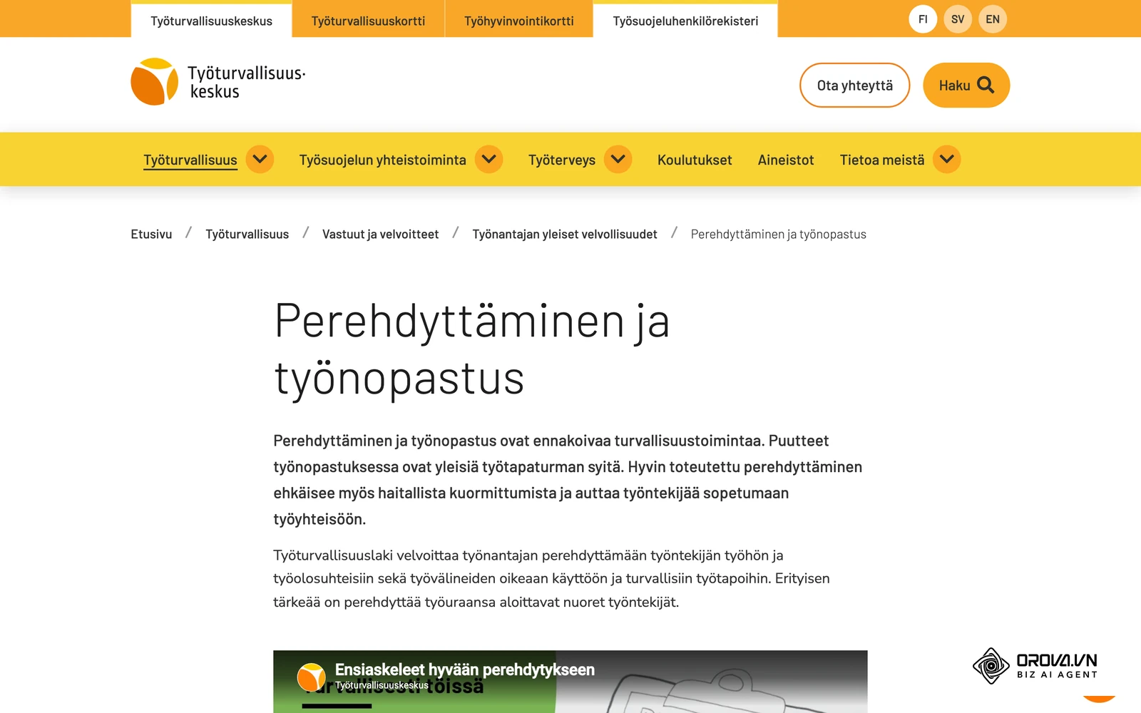 Työturvallisuuskeskuksen julkinen sivu perehdyttämisestä ja työnopastuksesta työnantajan velvollisuutena.