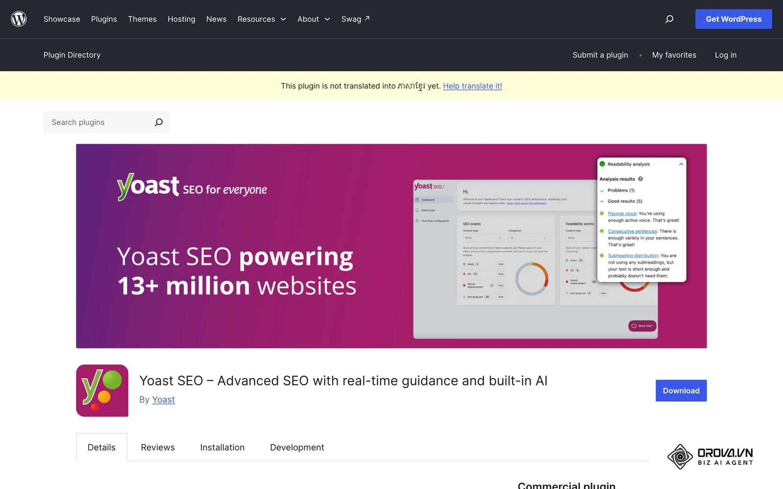ទំព័រផ្លូវការរបស់ Yoast SEO លើថតកម្មវិធីជំនួយ WordPress.org ដែលអ្នកស្វែងរកឃើញពេលចូល Plugins > Add New Plugin (ការដំឡើងសកម្មជាង 10 លាន)