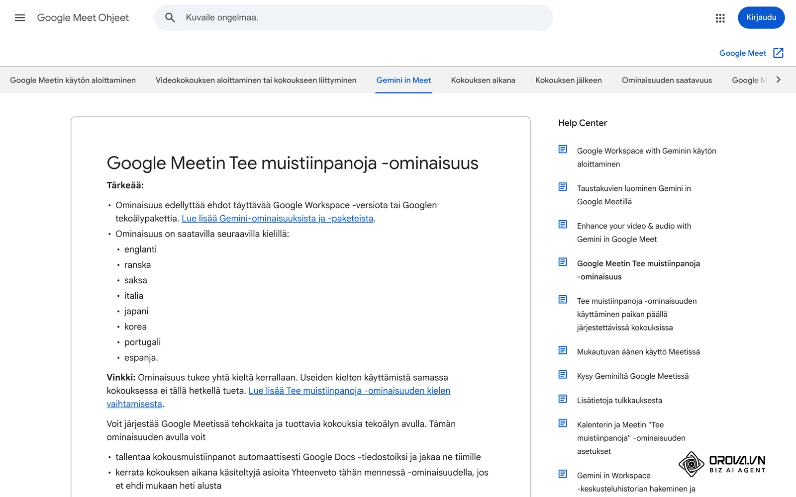 Google Meetin ohje Tee muistiinpanoja -ominaisuudesta, joka luonnostelee kokouksen muistiinpanot jaettavaksi.