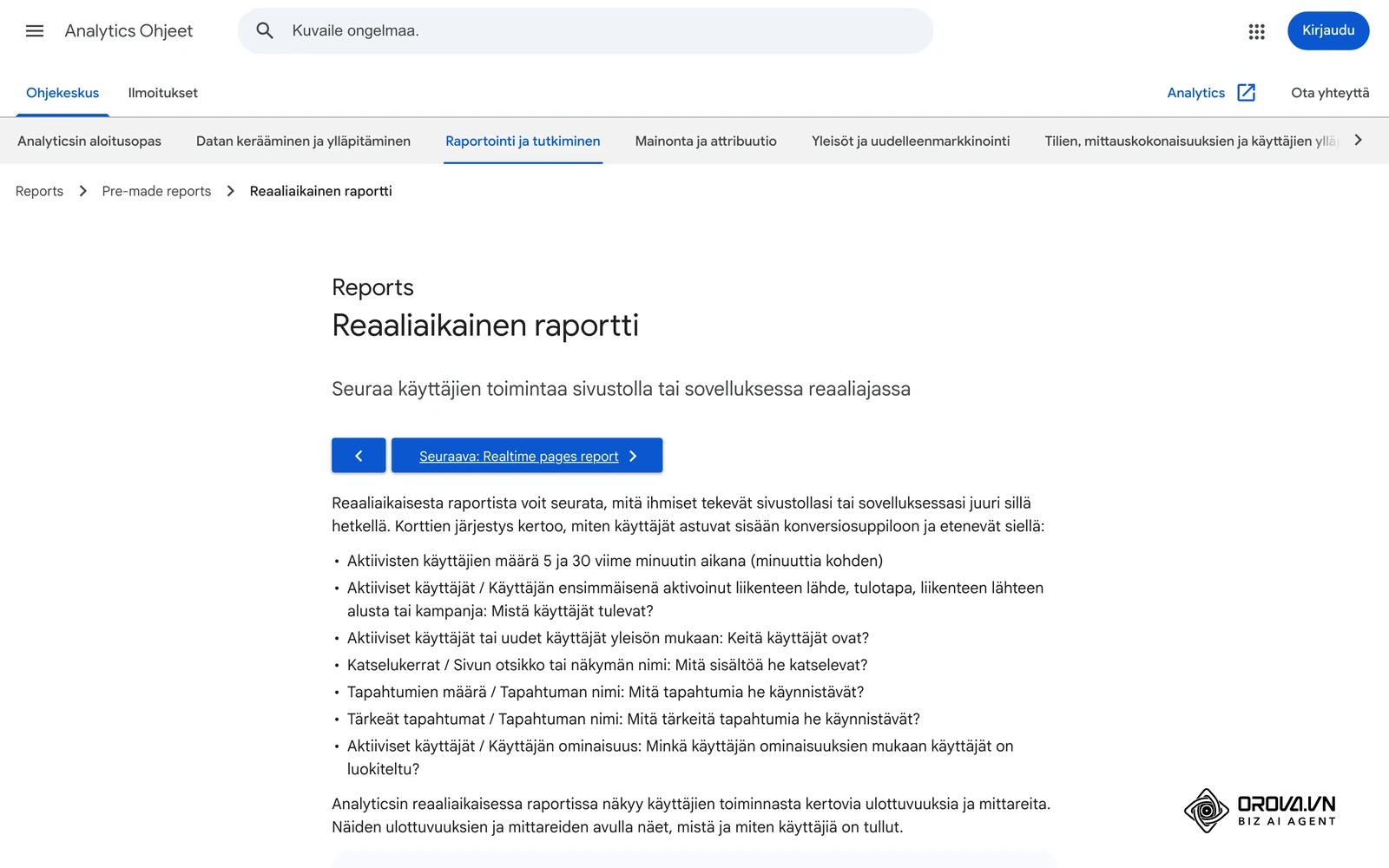 Google Analyticsin ohje Reaaliaikainen raportti (Realtime) -näkymästä, josta testiklikkauksen näkee heti.