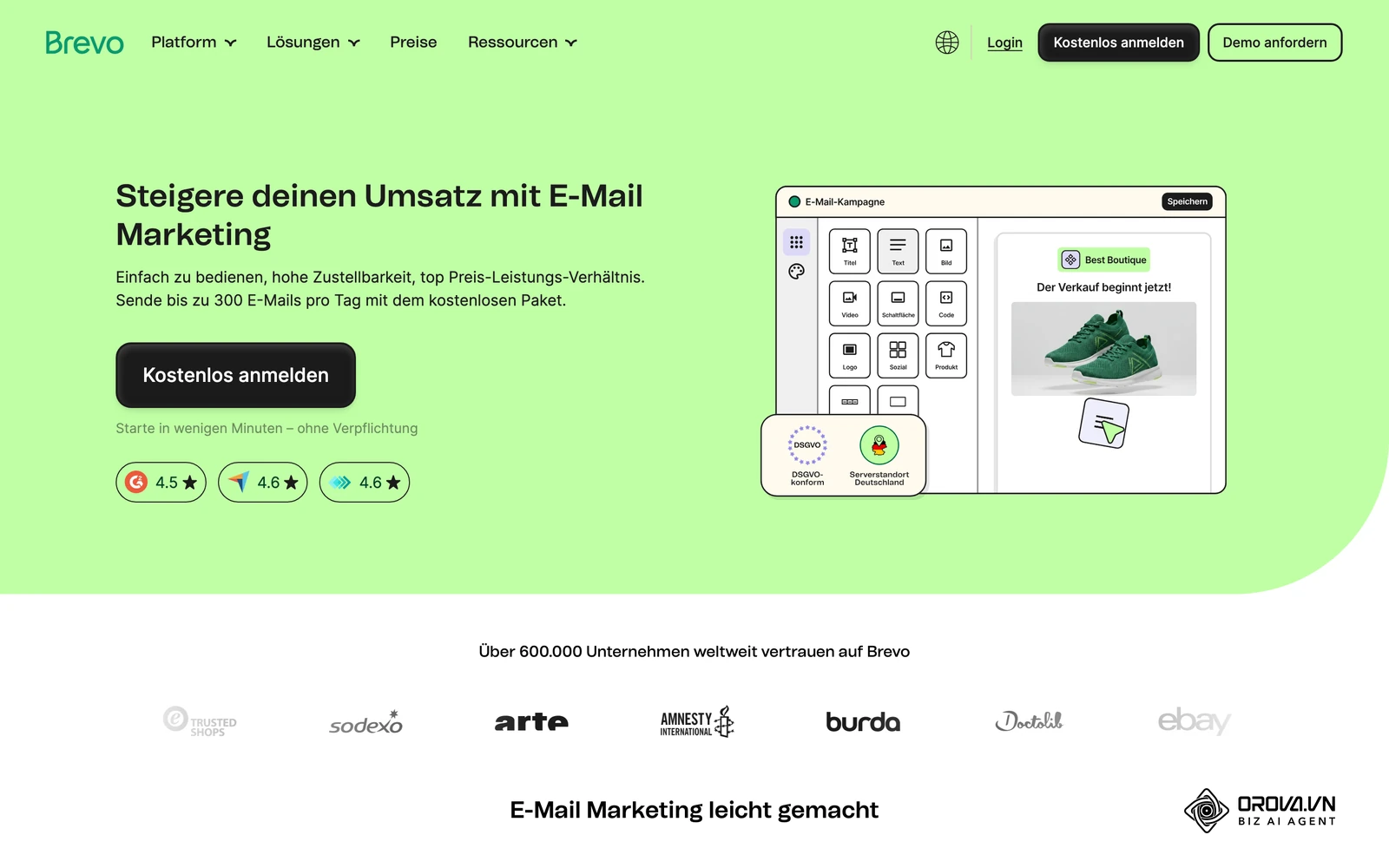 Offizielle Funktionsseite von Brevo zum E-Mail-Marketing mit Ansicht des Kampagnen-Editors – Beispiel für eine klassische Newsletter-Software (ESP).