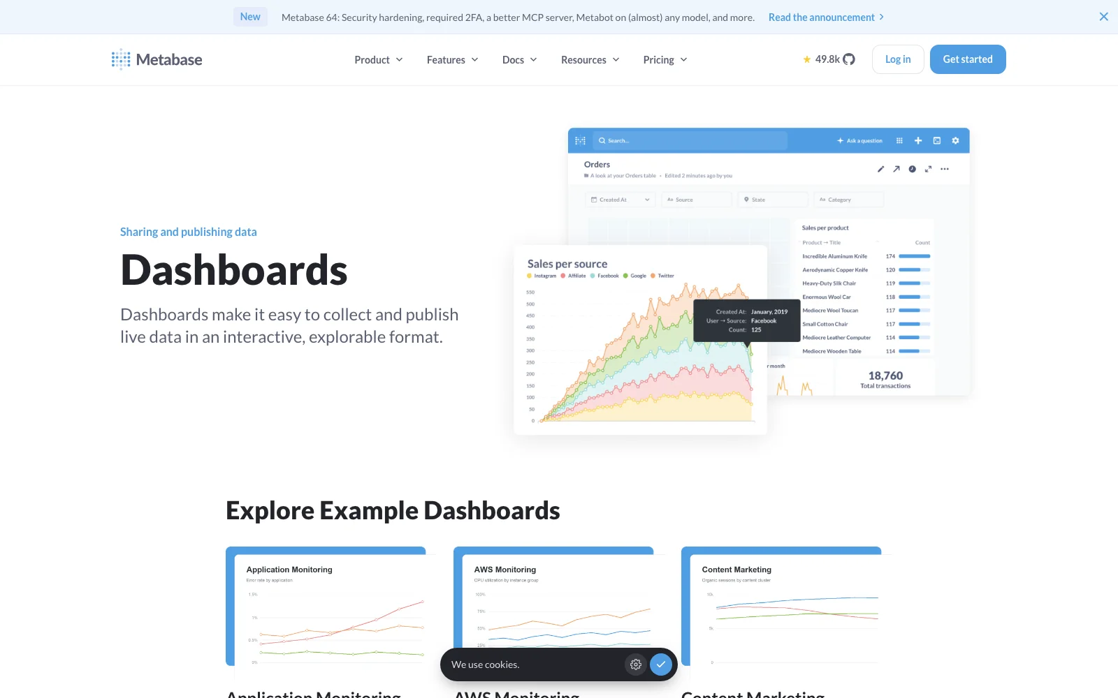 Metabase'in resmi sitesindeki Dashboards sayfası ve örnek pano görünümü.