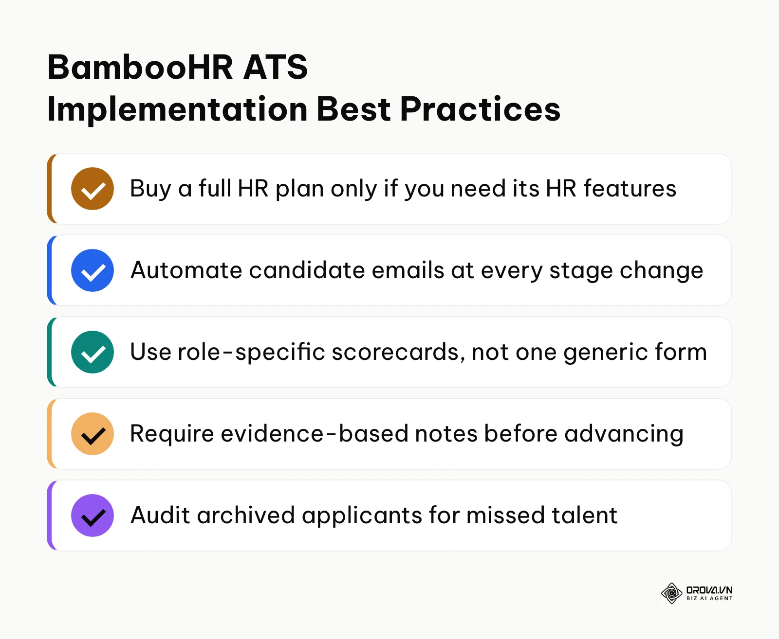 Summary checklist diagram highlighting the primary implementation best practices for applicant tracking systems.