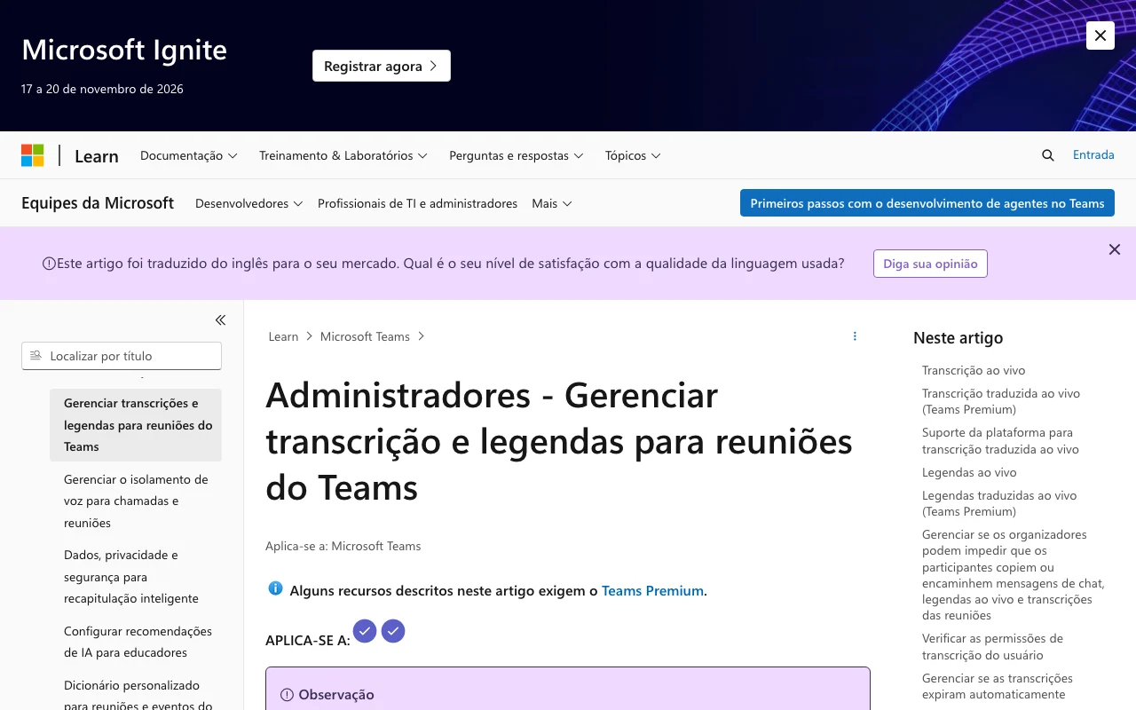 Documentação oficial do Microsoft Teams (pt-BR) sobre transcrição e legendas traduzidas ao vivo, indicando recursos do Teams Premium.