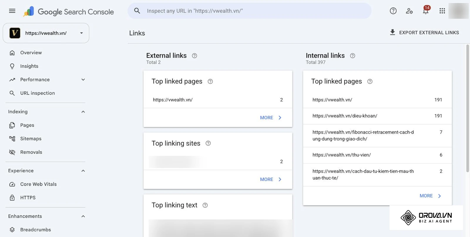 របាយការណ៍ Links ក្នុង Google Search Console របស់ vwealth.vn បង្ហាញ External links សរុប ២ និង Internal links សរុប ៣៩៧