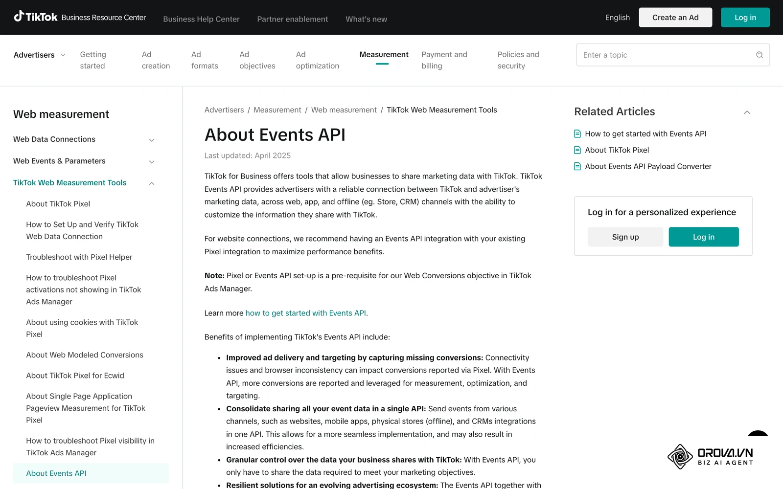 Pagina oficială de ajutor TikTok despre Events API, trimiterea evenimentelor de conversie din server.