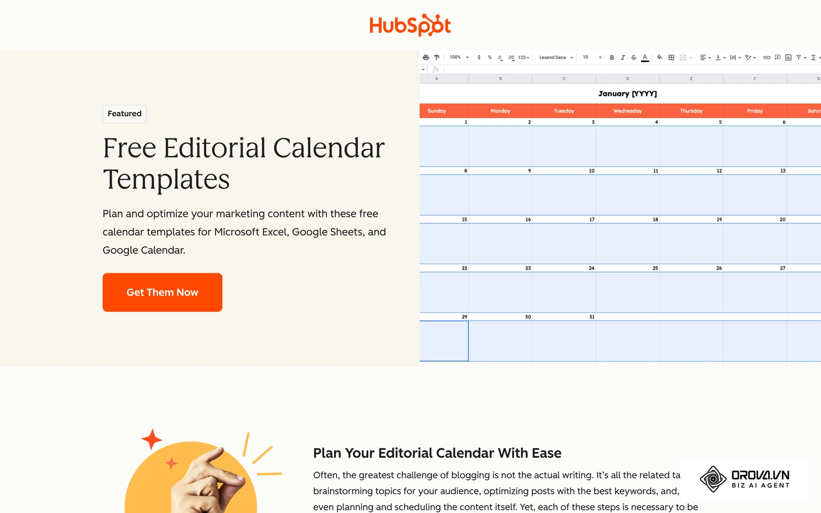 A real gated download page on HubSpot for free editorial calendar templates: a specific headline, one benefit sentence, a preview of the asset and a single high-contrast call-to-action button.