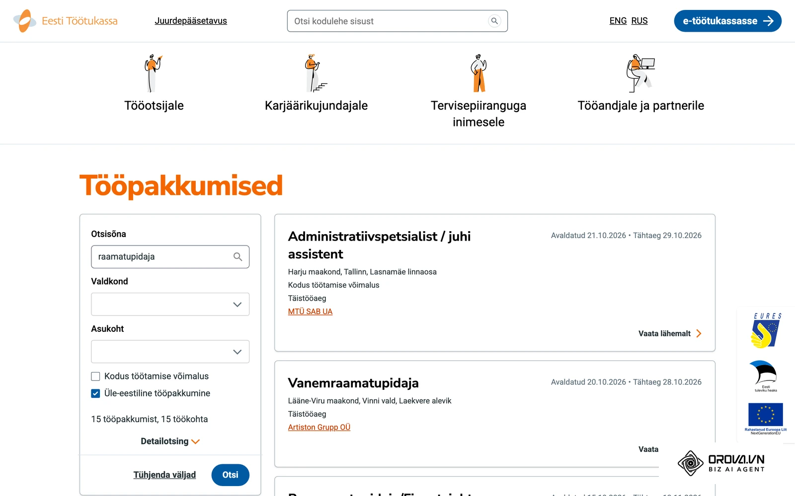 Töötukassa otsing märksõnaga „raamatupidaja”: nii näed, milliseid ametinimetusi teised tööandjad kasutavad.