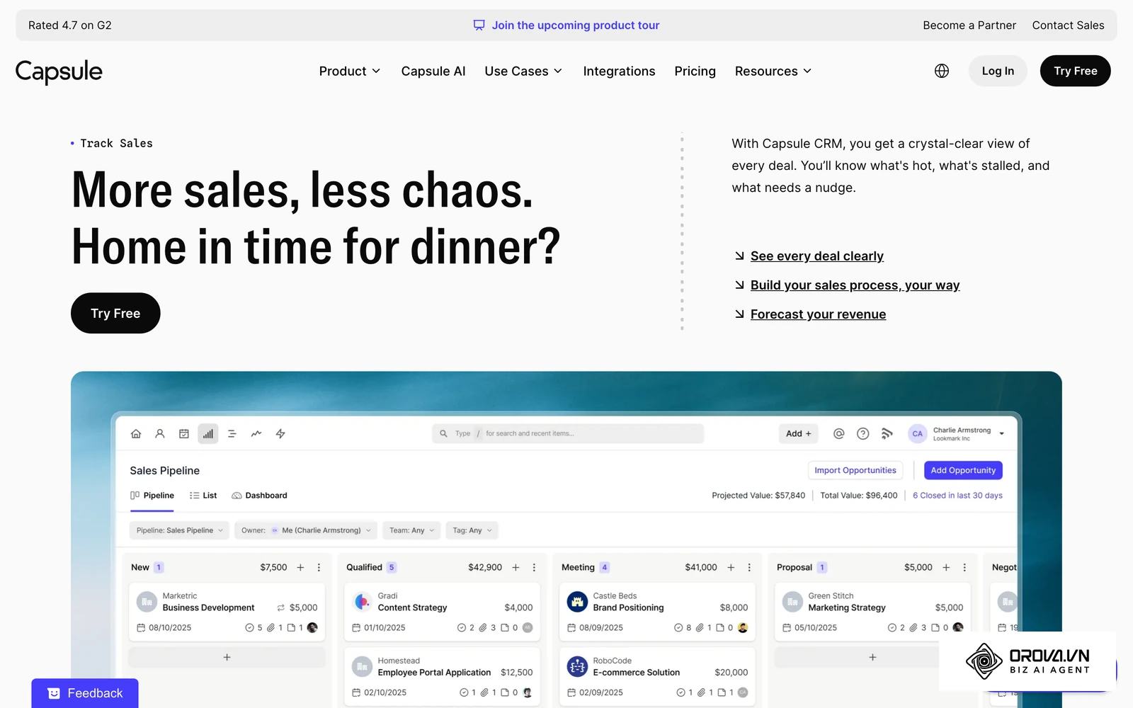 Capsule CRM sales pipeline feature page showing its deal pipeline board