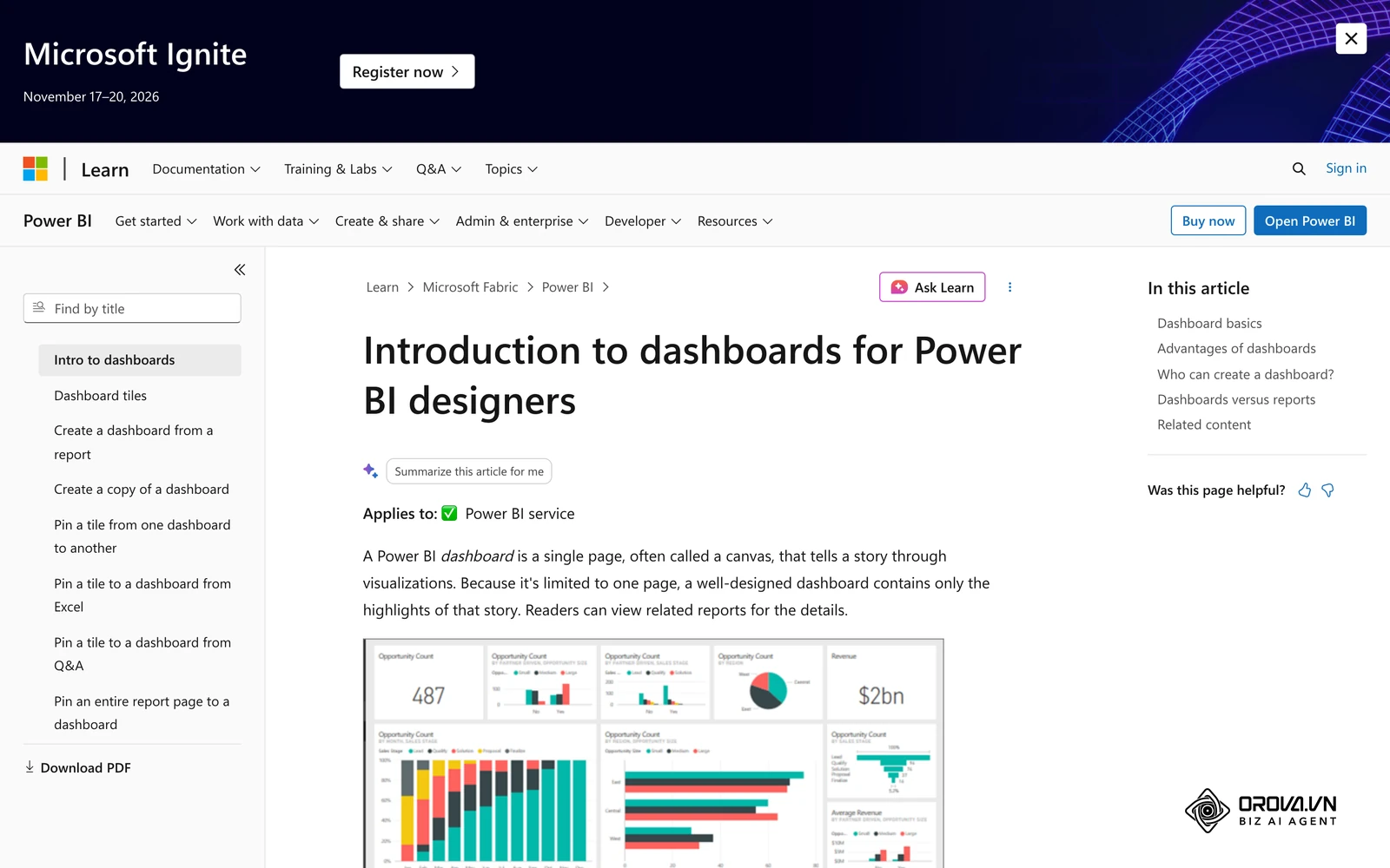 Microsoft Learn'deki Power BI gösterge paneli belgesi ve örnek pano görünümü.
