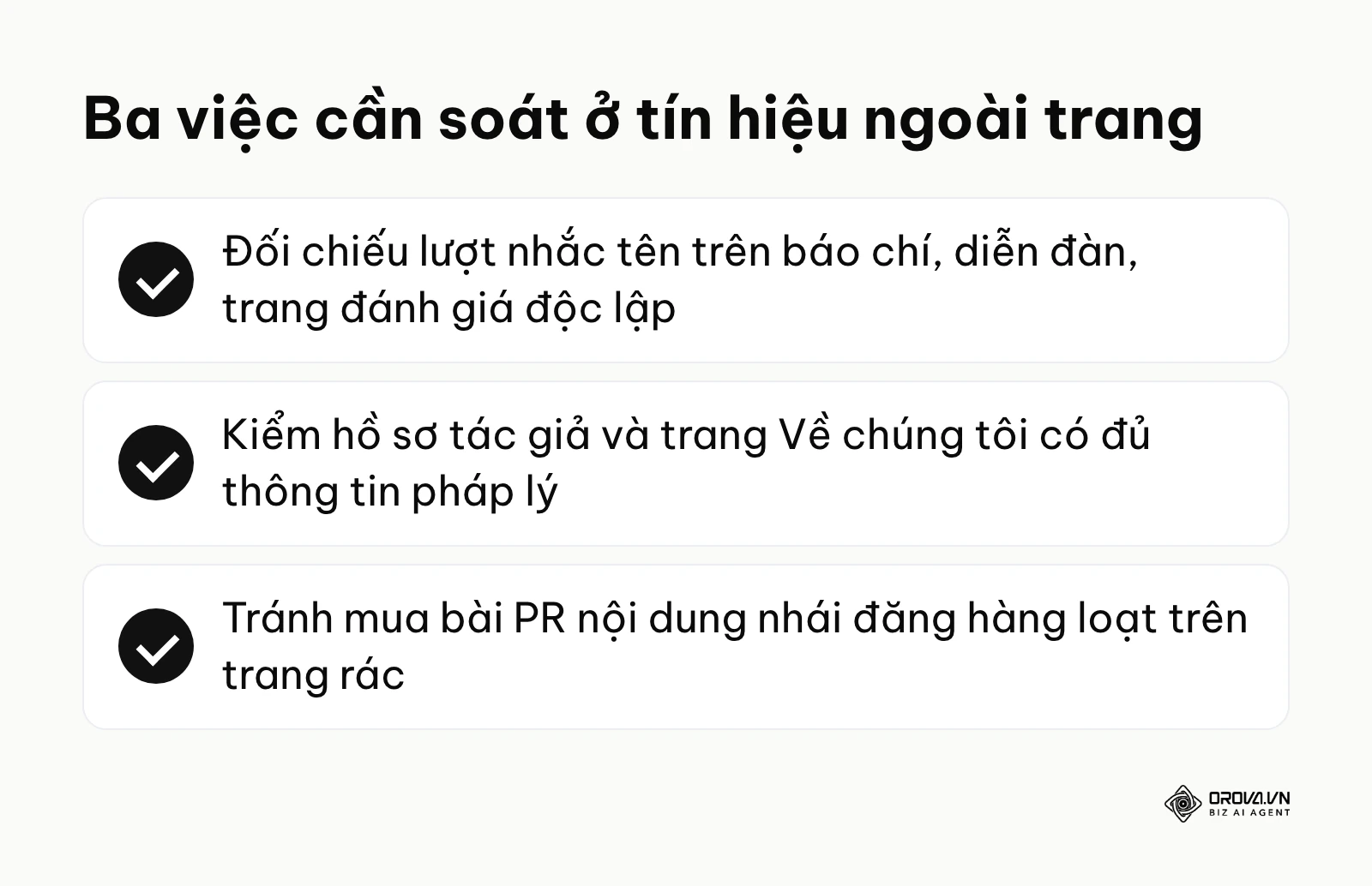 Bảng kiểm ba việc cần soát ở tín hiệu ngoài trang: lượt nhắc tên, hồ sơ tác giả và tránh bài PR nhái.