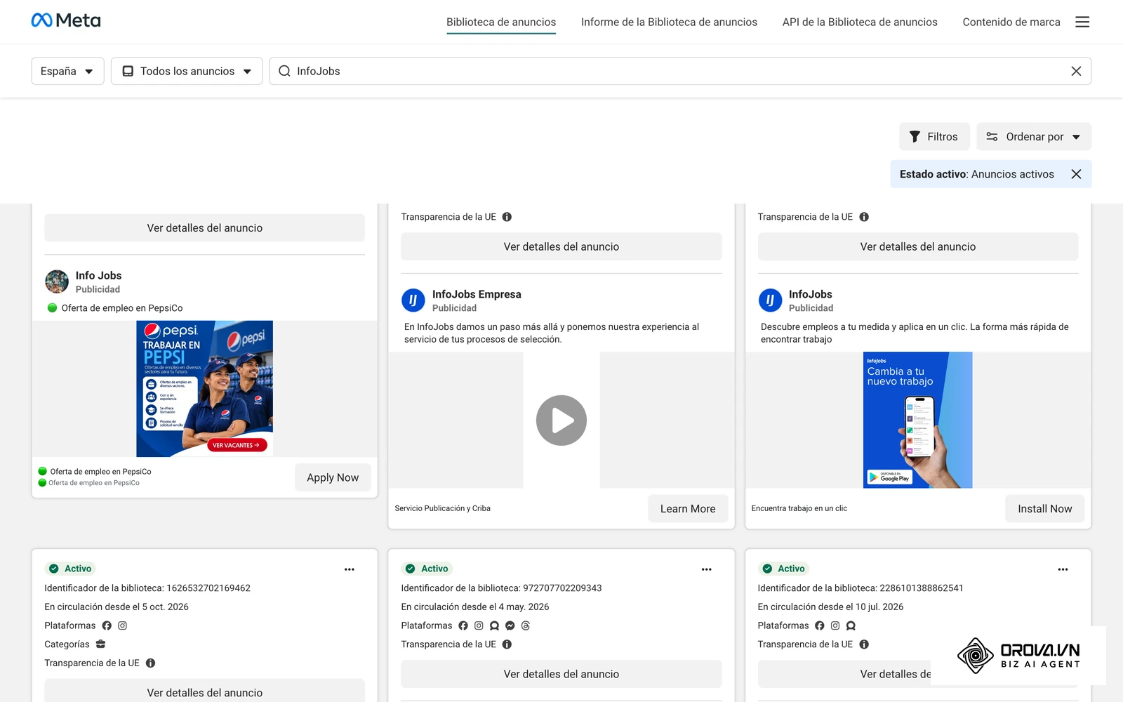 Anuncios activos de InfoJobs en la Biblioteca de anuncios de Meta (España): así se promocionan las ofertas de empleo en Facebook e Instagram para llegar al talento activo.