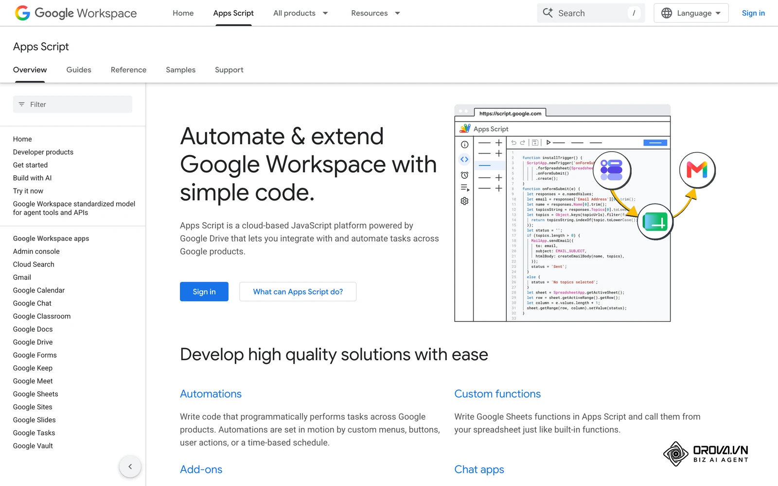 Google Apps Script, the official scripting platform used to connect Google Sheets to an AI API.