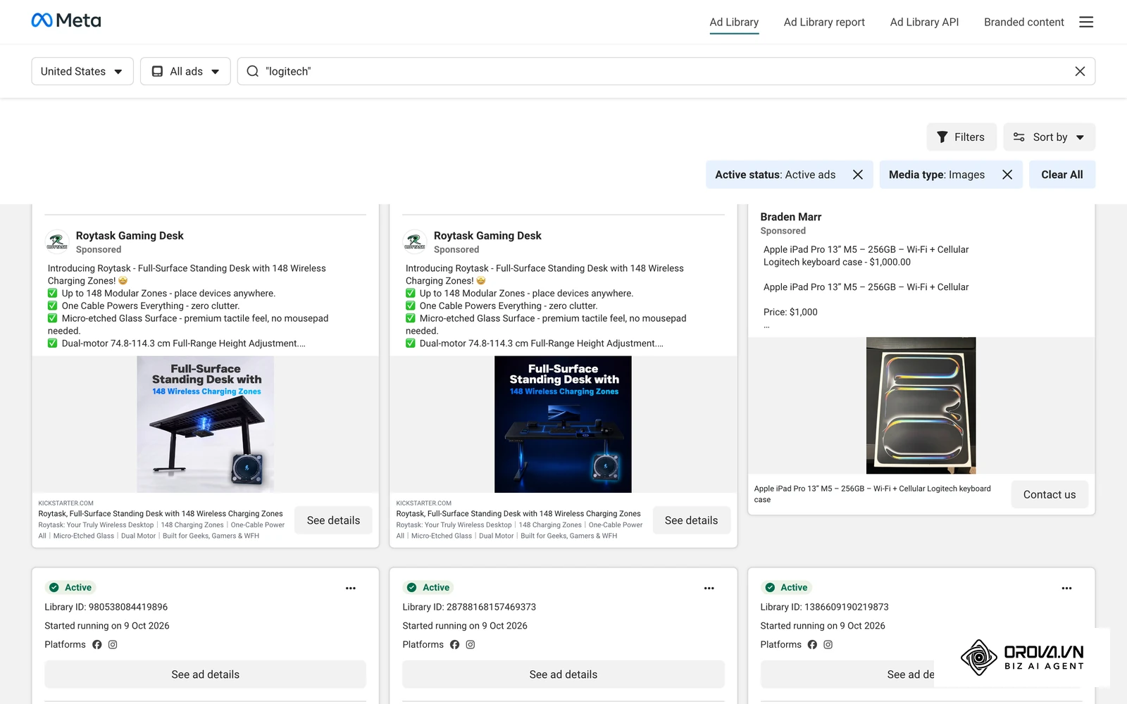 Meta Ad Library search results showing live ads currently running on Facebook and Instagram, each built from multiple images and text variations.